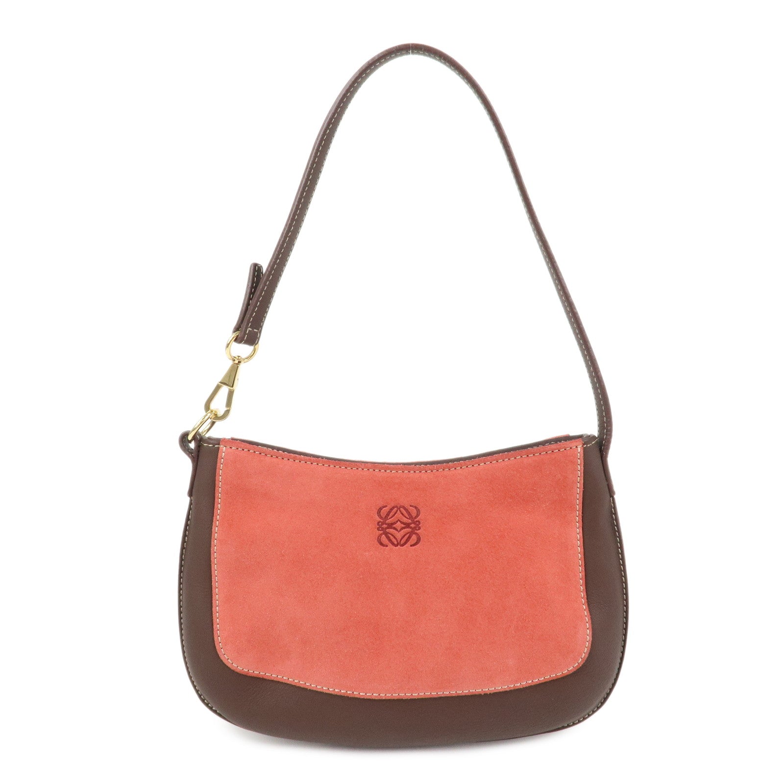 LOEWE Anagram Logo Suede Leather Accessory Pouch Hand Bag Brown Red