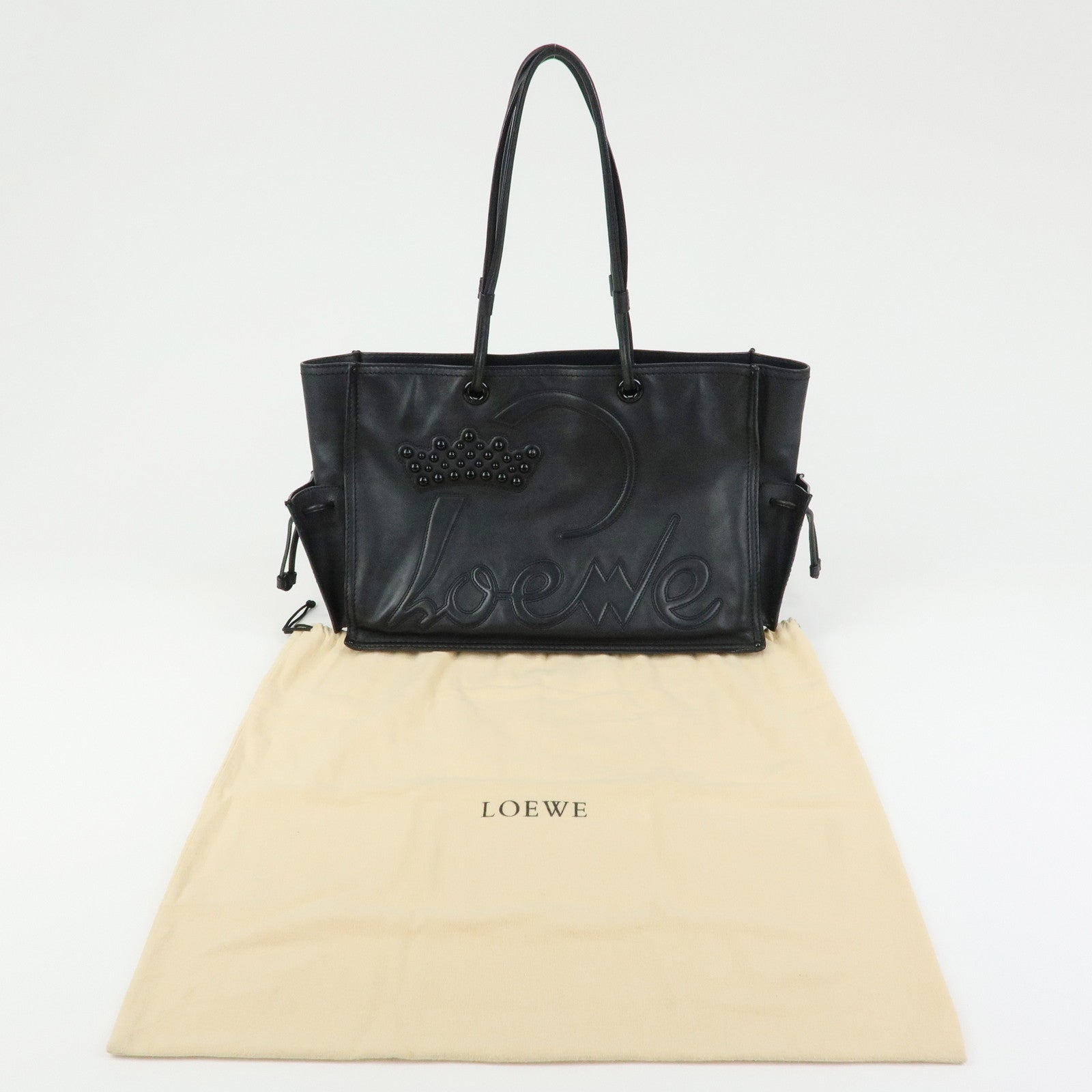 LOEWE Logo Studs Leather Shopper Tote Bag Shoulder Bag Black