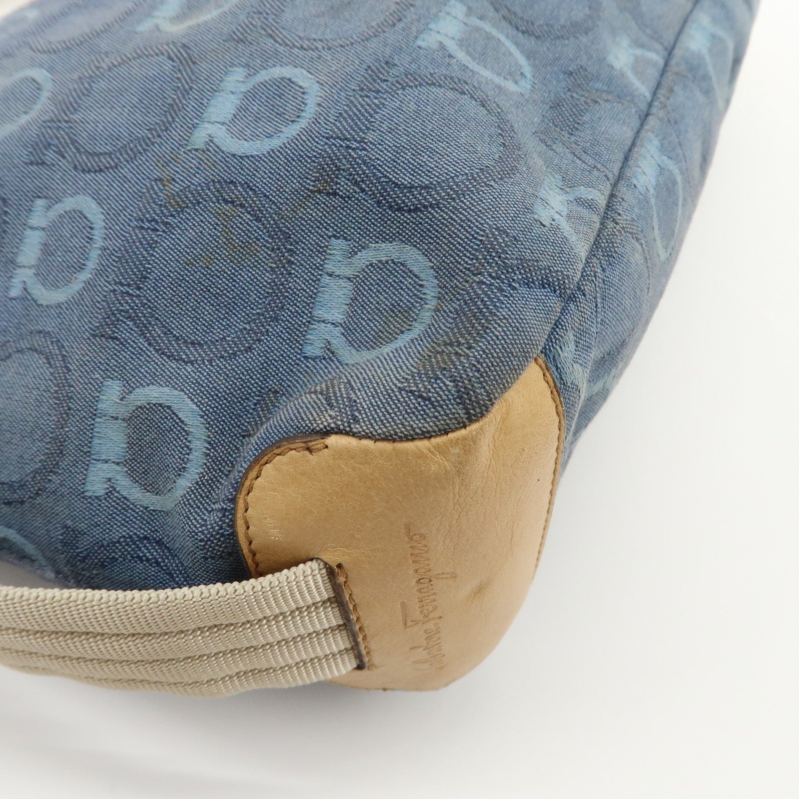 Ferragamo Gancini Canvas Leather Shoulder Bag Hand Bag Blue Beige