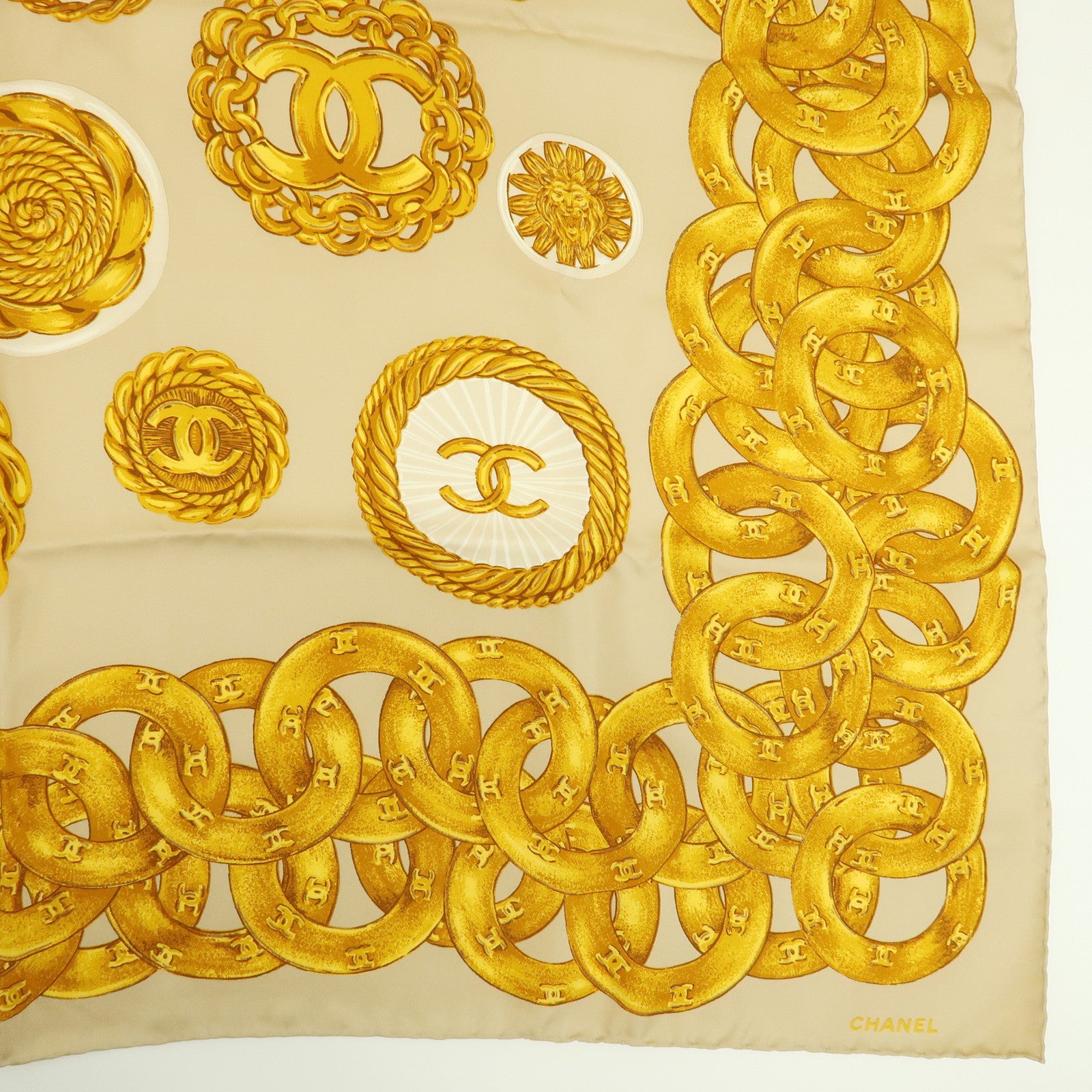 CHANEL COCO Mark Silk 100% Scarf Chain Pattern Yellow Beige