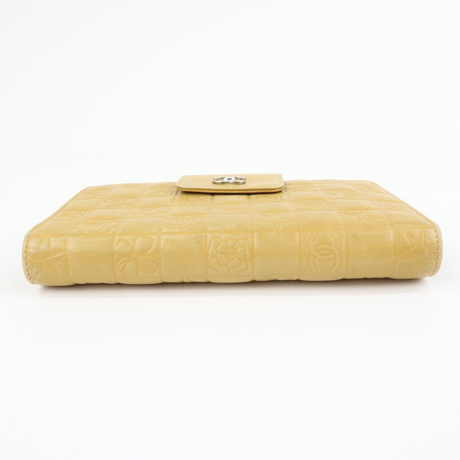 CHANEL Chocolate Bar Lamb Skin Long Wallet Yellow Beige A82281