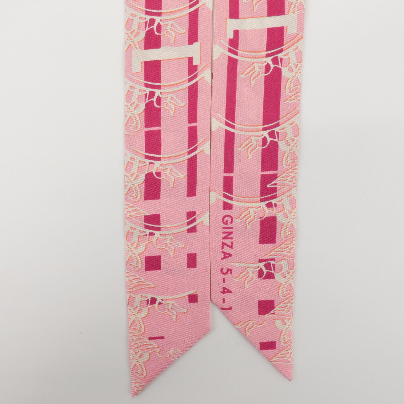 HERMES Twilly 100% Silk Scarf GINZA Logo Motif Pink White