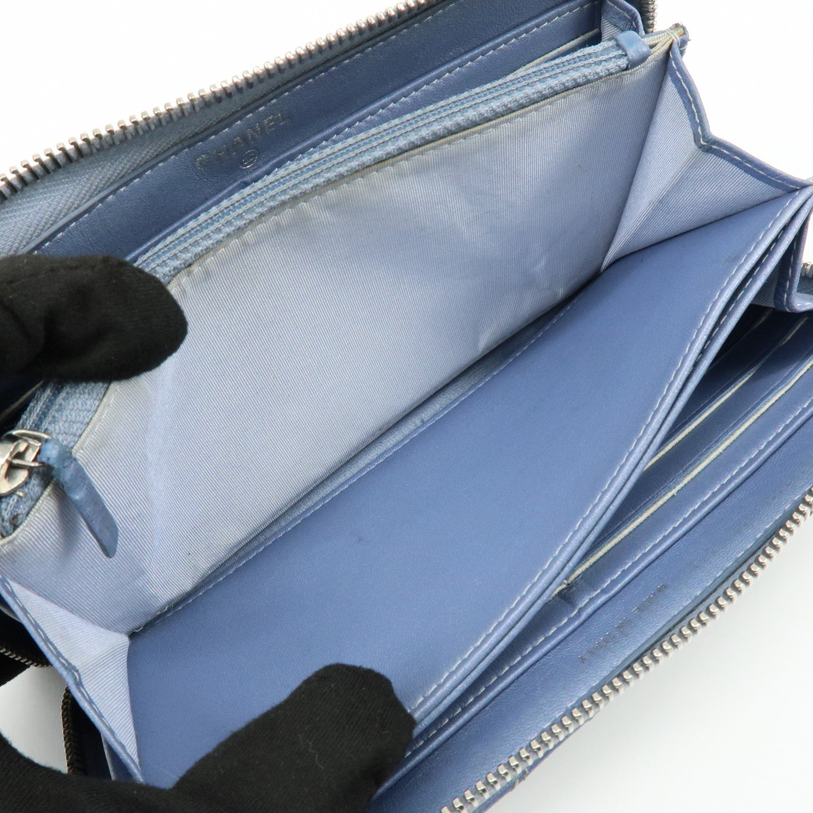 CHANEL Camellia Lamb Skin Round Zippy Wallet Light Blue A82281