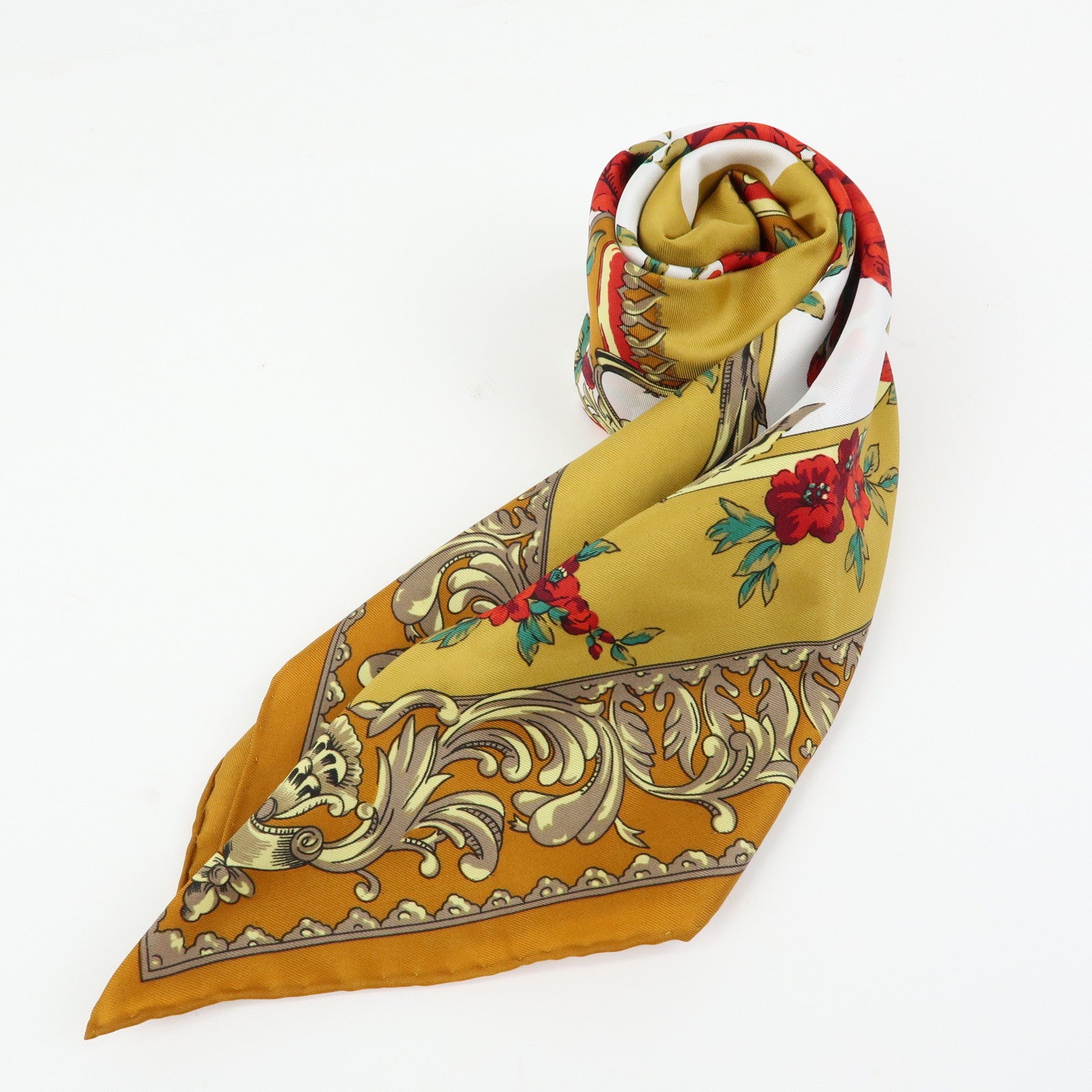 CHANEL Silk 100% Scarf COCO Mark Flower Motif Gold Red