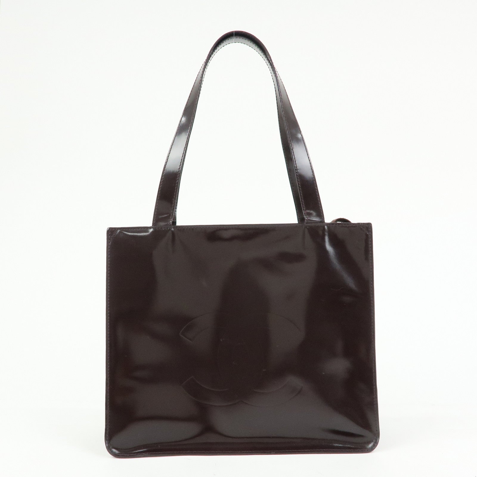 CHANEL Logo Patent Leather Tote Bag Shoulder Bag Brown