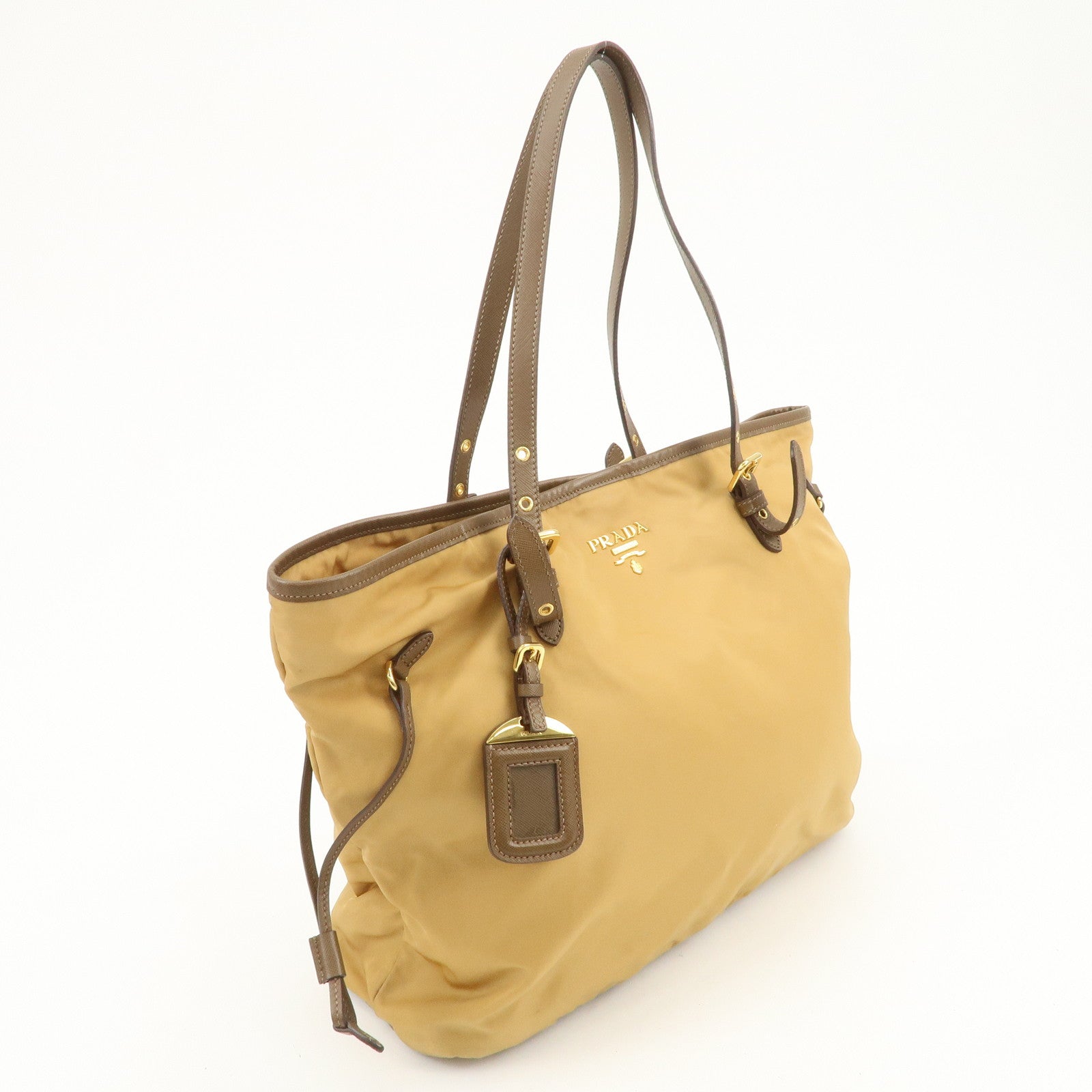 PRADA Logo Nylon Saffiano Leather Tote Bag Shoulder Bag Light Brown