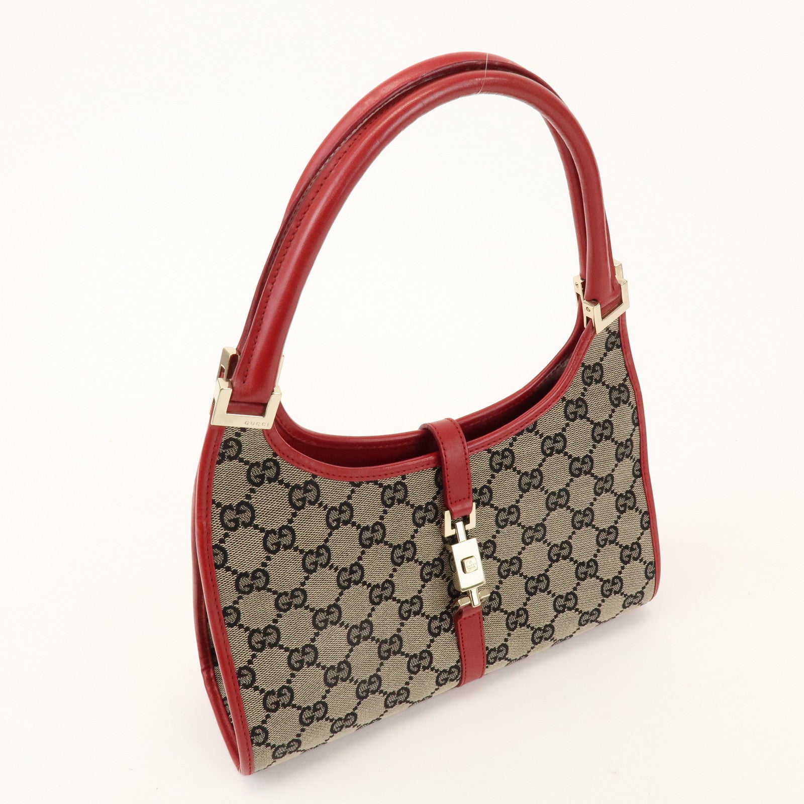 GUCCI Jackie GG Canvas Leather Shoulder Bag Beige Red 002.1068