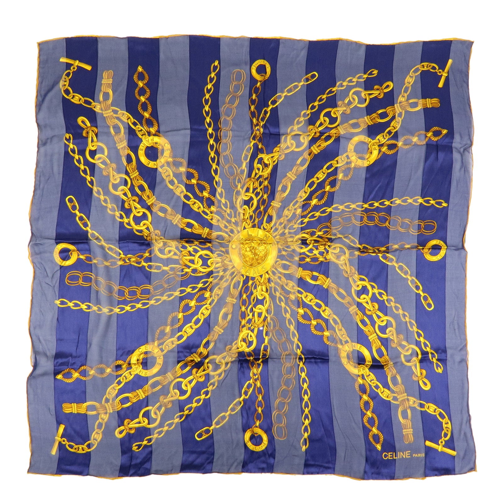 CELINE Silk 100% Chiffon Scarf Gold Chain Motif Navy Gold