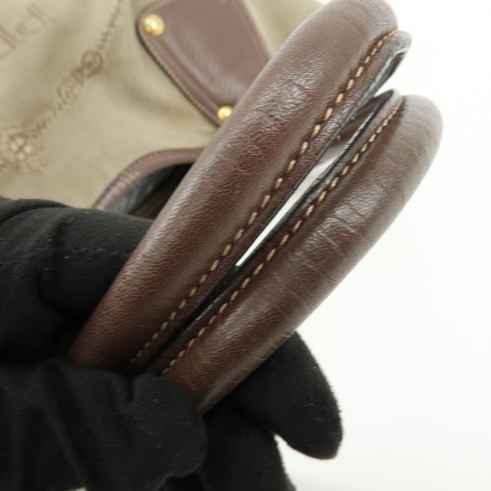 PRADA Logo Jacquard Leather Tote Bag Hand Bag Beige Brown