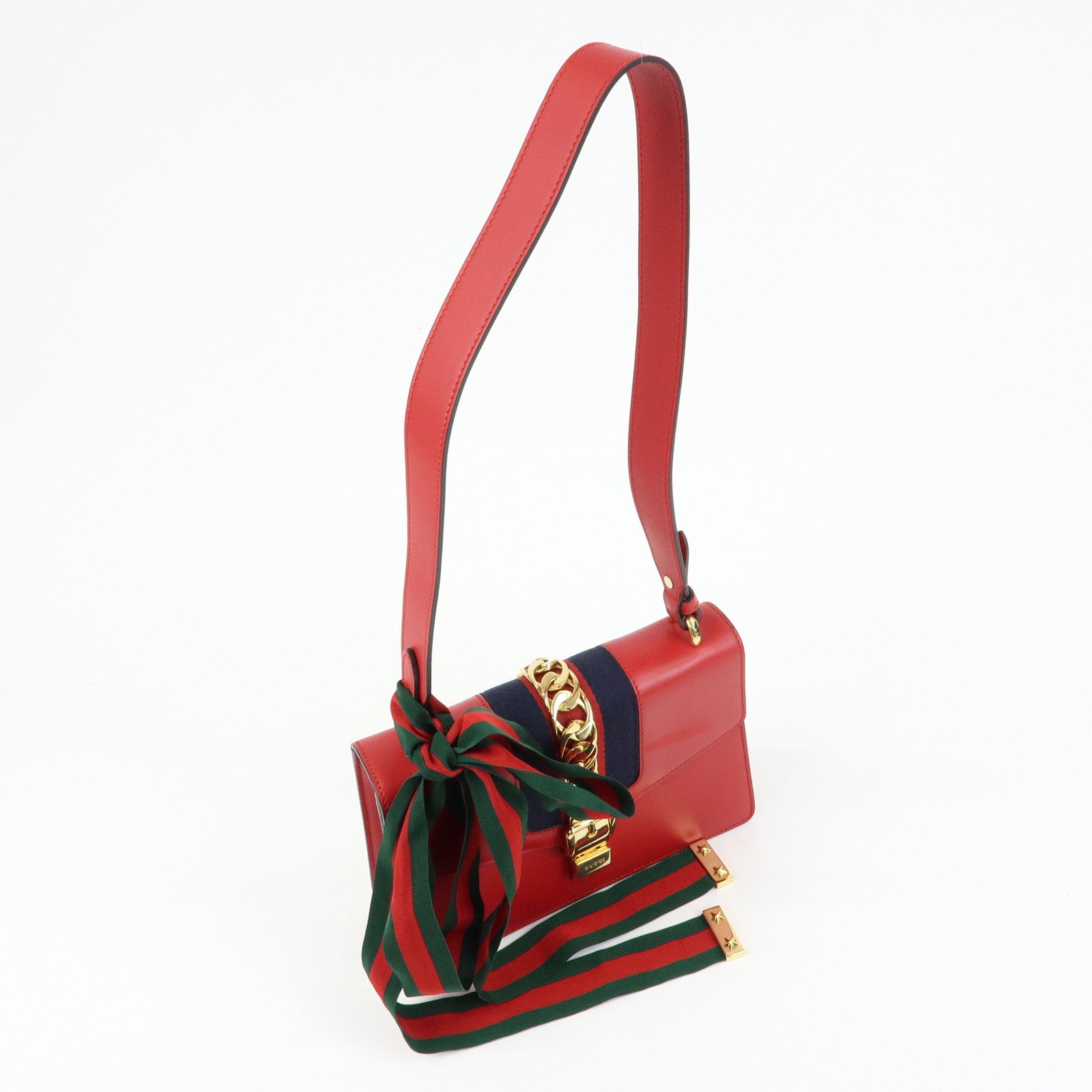 GUCCI Sylvie Sherry Leather Shoulder Bag Red Ribbon Red 421882