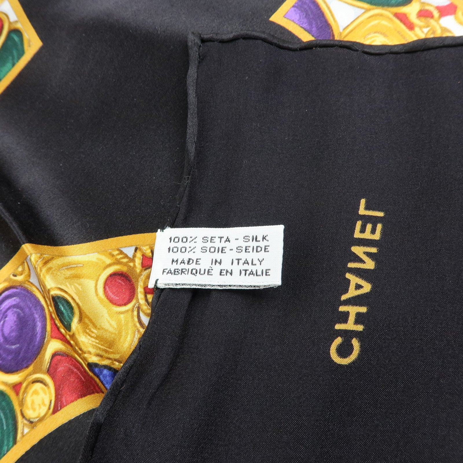 CHANEL COCO Mark Jewelry Silk 100% Scarf Black Yellow Multicolor