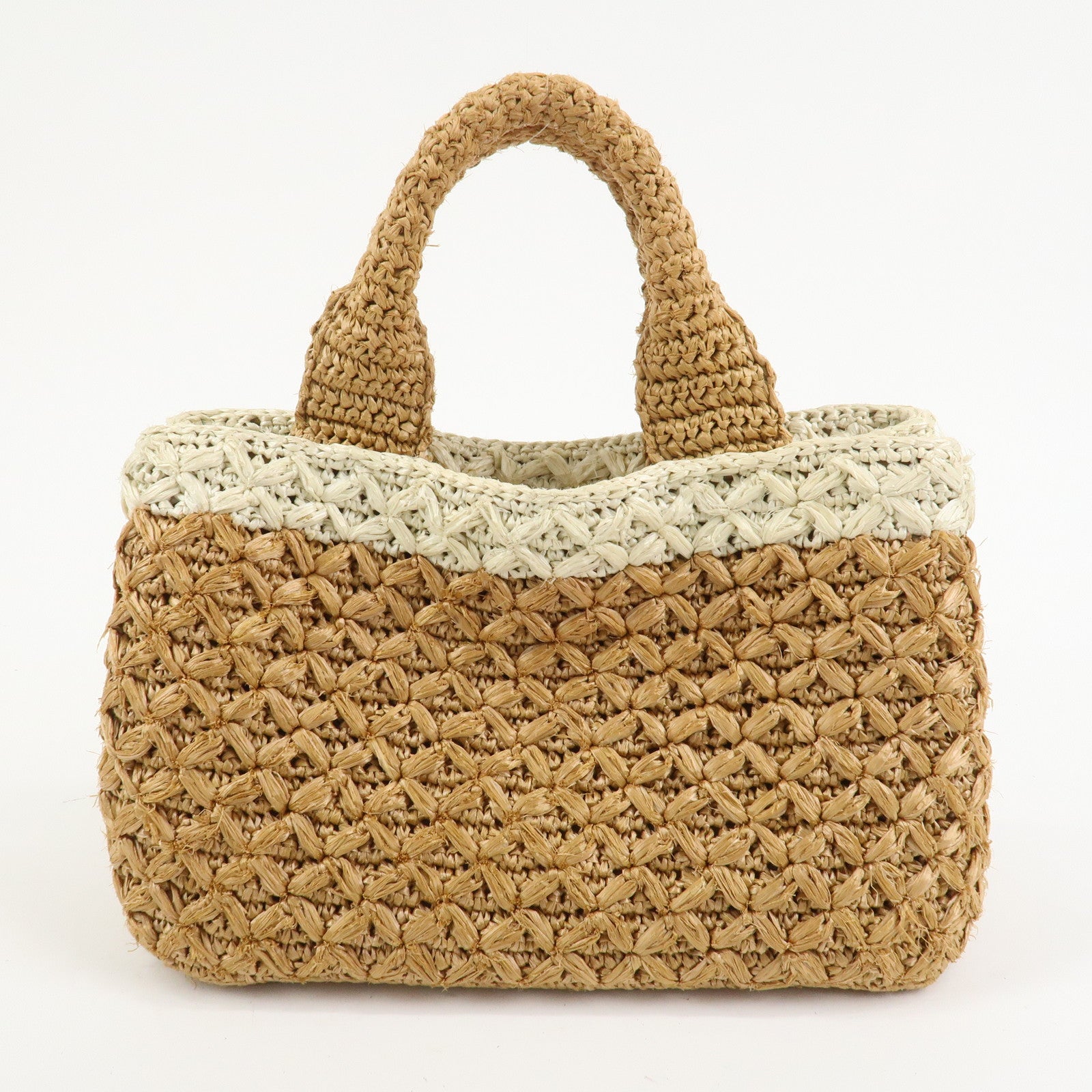 PRADA Canapa Raffia 2 Way Bag Hand Shoulder Bag Brown Ivory BN2889