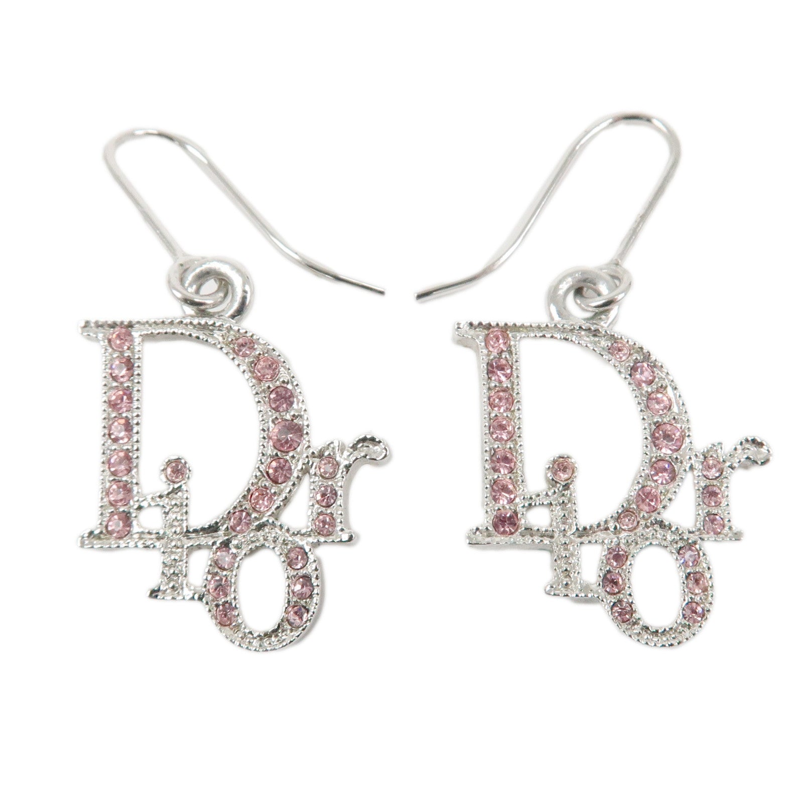 Christian Dior Logo Earrings Metal Silver Pink Crystals