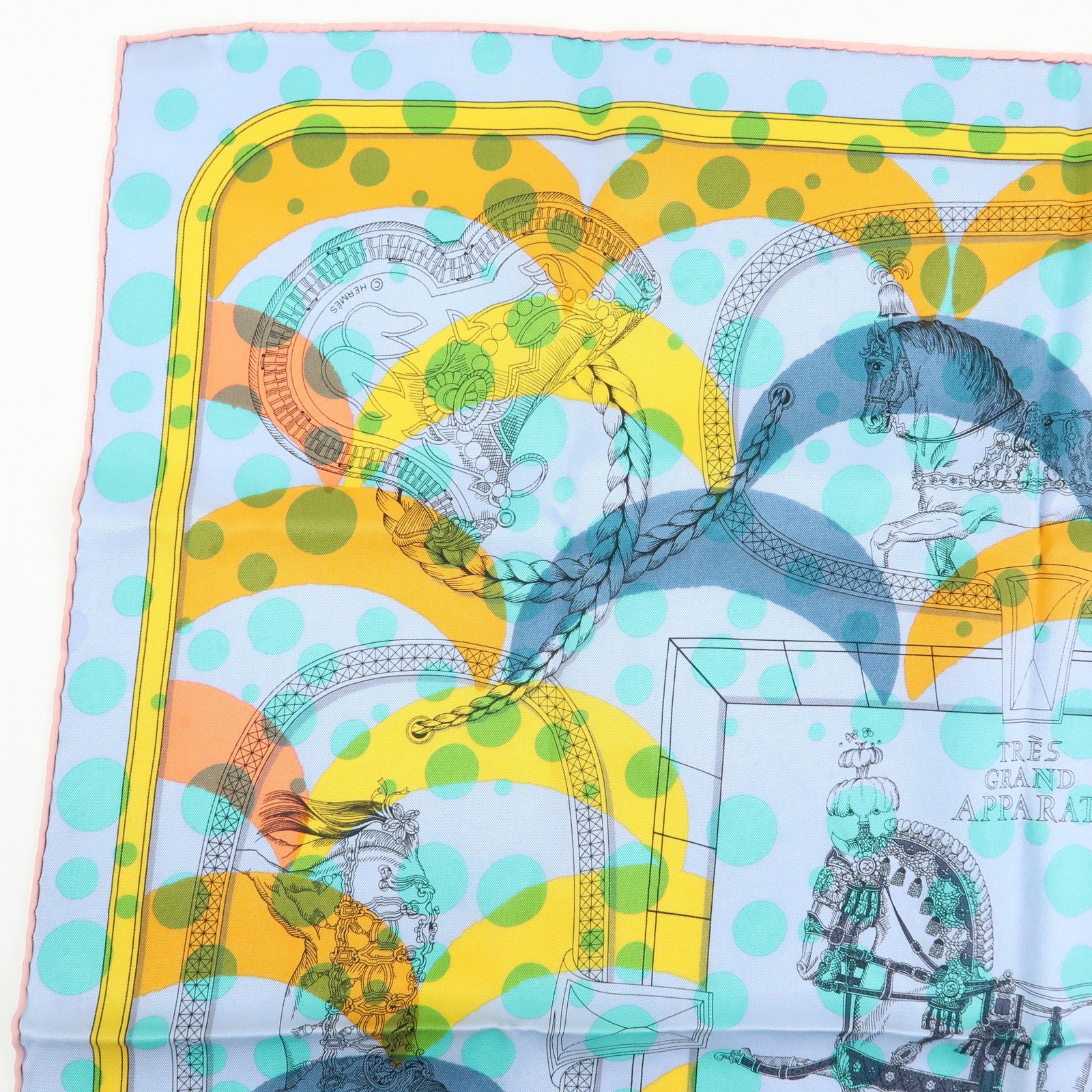 HERMES Carre 70 Silk 100% Scarf Tres Grand Apparat Blue Yellow