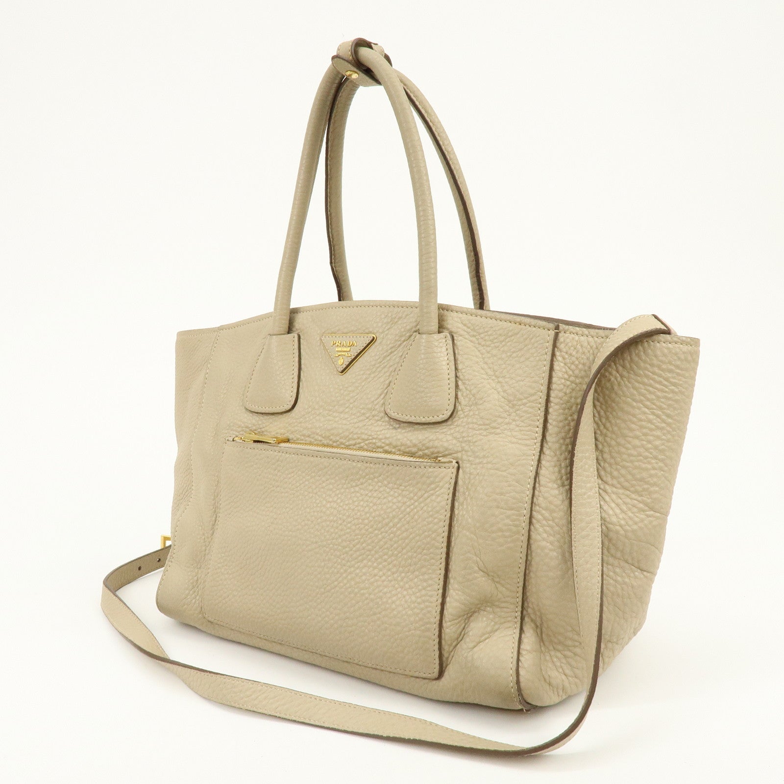 PRADA Triangle Logo Leather 2Way Hand Shoulder Bag Beige BN2795