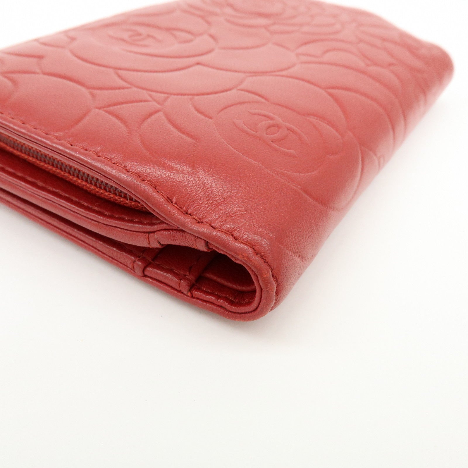 CHANEL Camellia COCO Mark Lamb Skin Bi-fold Compact Wallet Red