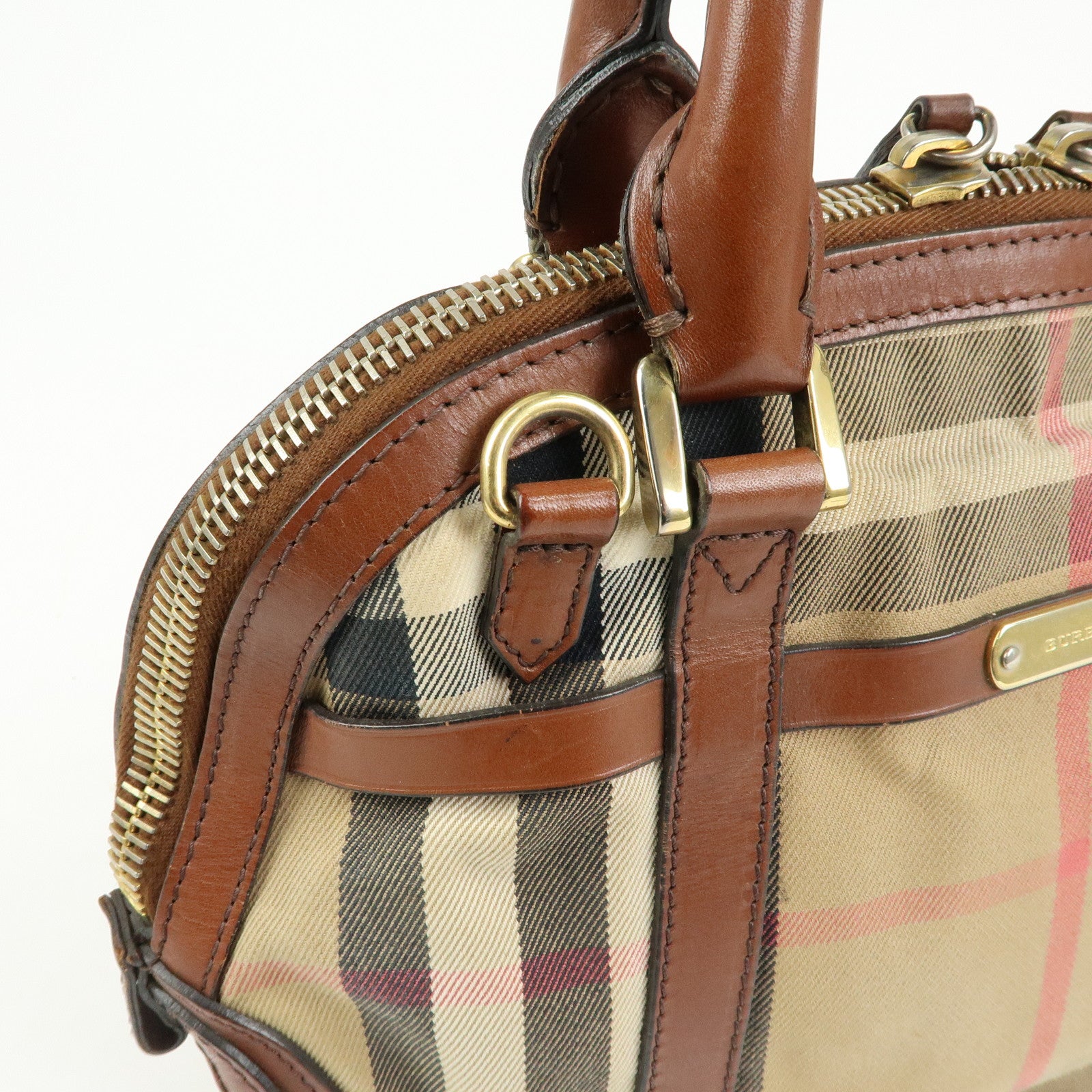 BURBERRY Nova Plaid Canvas Leather Hand Bag Beige Brown