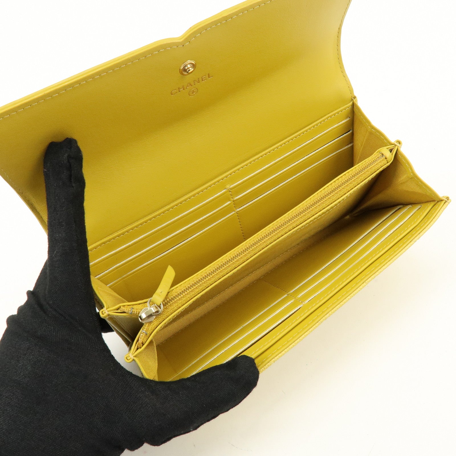 CHANEL CC Filigree Caviarskin Leather Long Wallet Yellow A84448