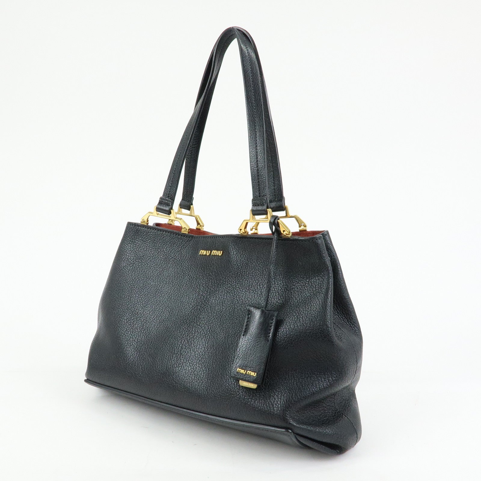 MIU MIU Madras Leather Tote Bag Hand Bag Shoulder Bag Black 5BG025