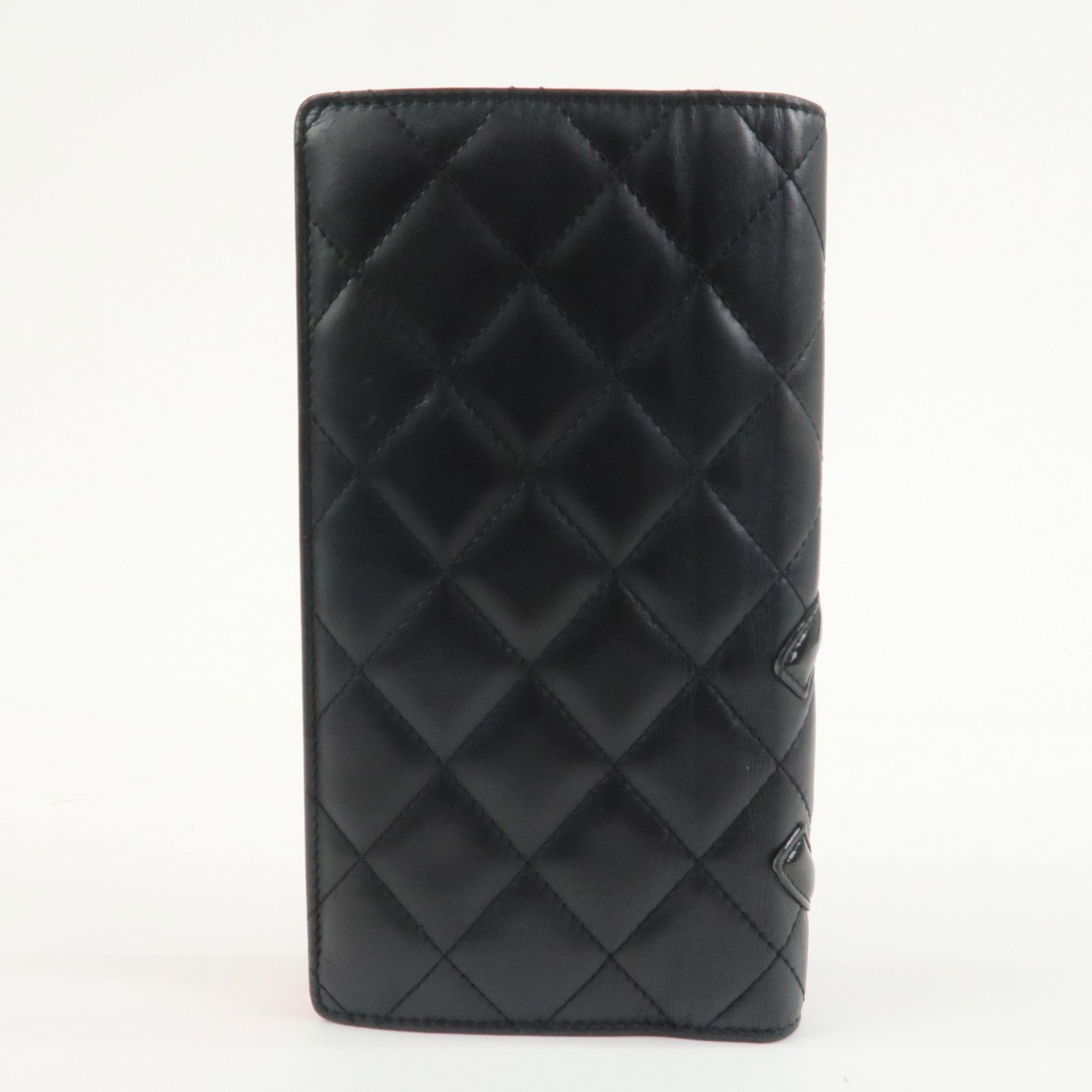 CHANEL Cambon Line Lamb Skin Bi-fold Long Wallet Black A26717
