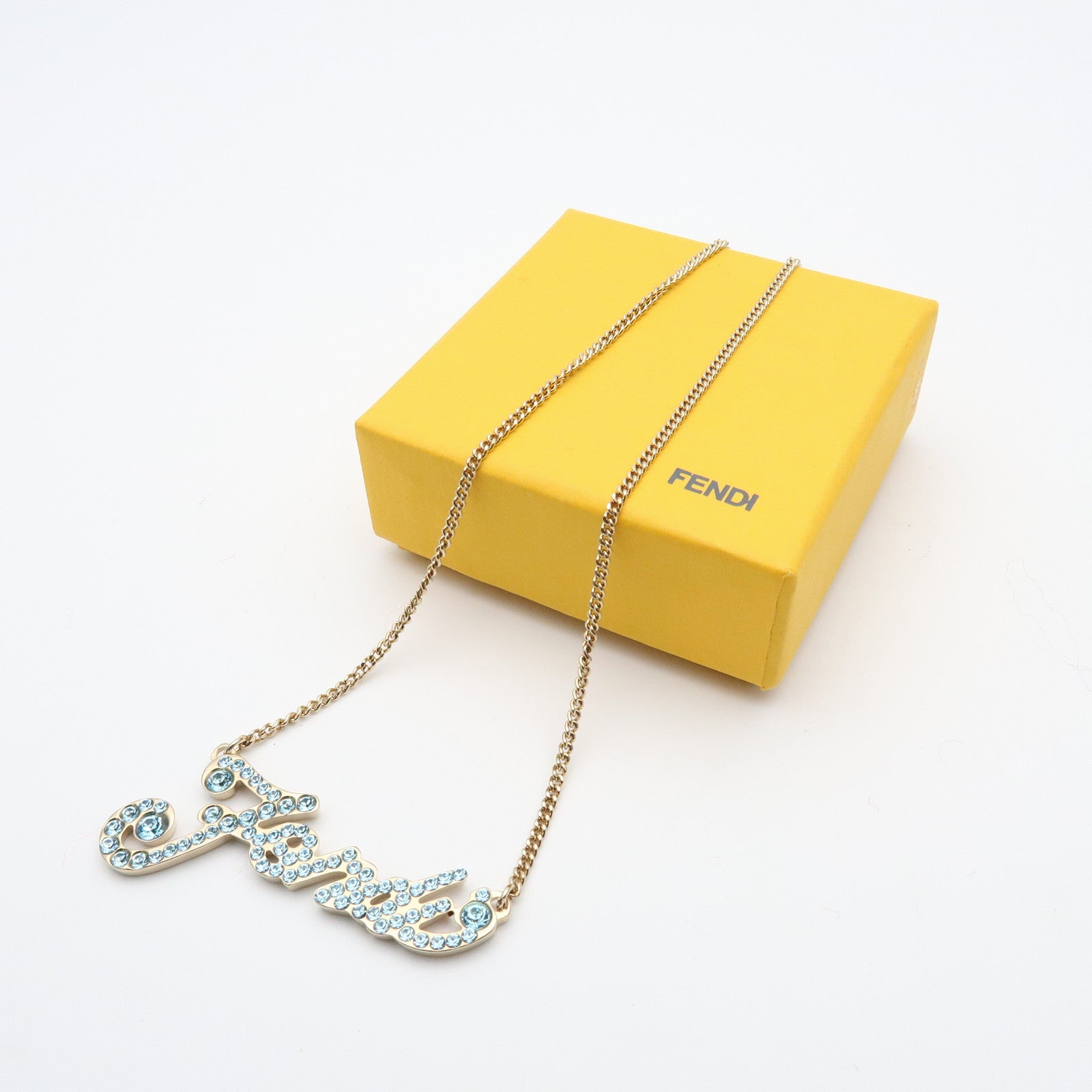 FENDI Logo Metal Rhinestone Necklace Gold Light Blue