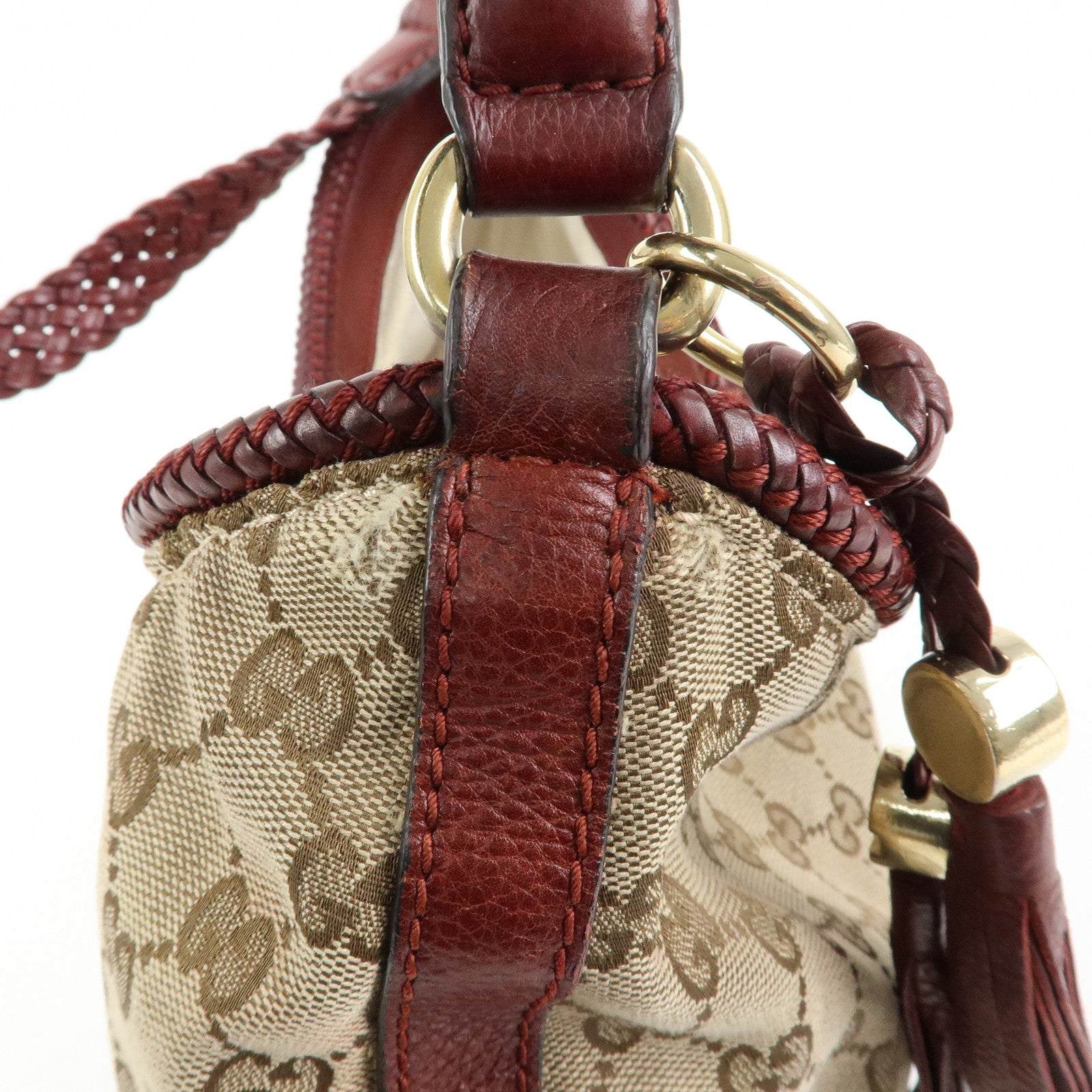 GUCCI Marrakech GG Canvas Leather Tassel Shoulder Bag Beige 257026