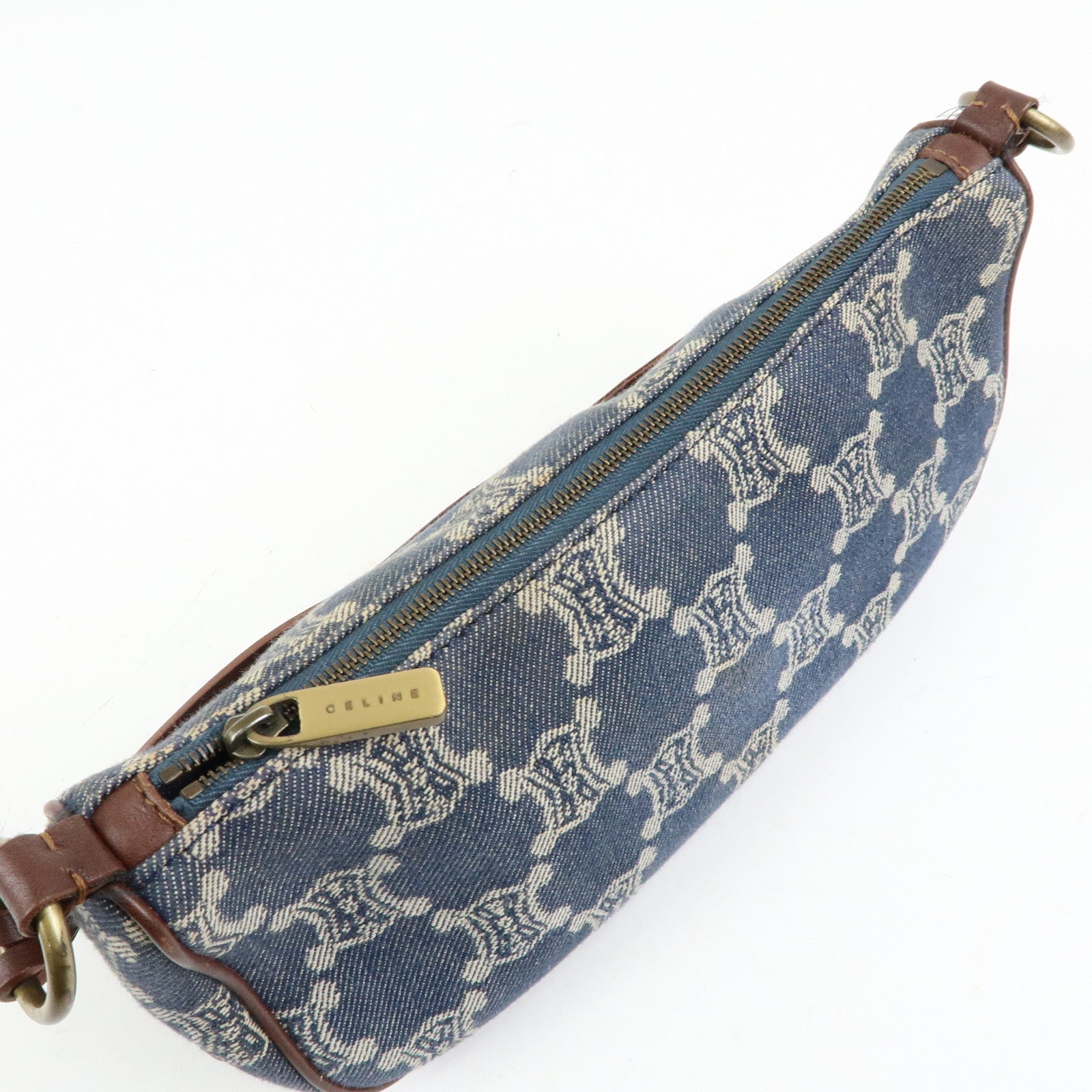 CELINE Macadam Denim Leather Shoulder Hand Bag Indigo Blue Brown