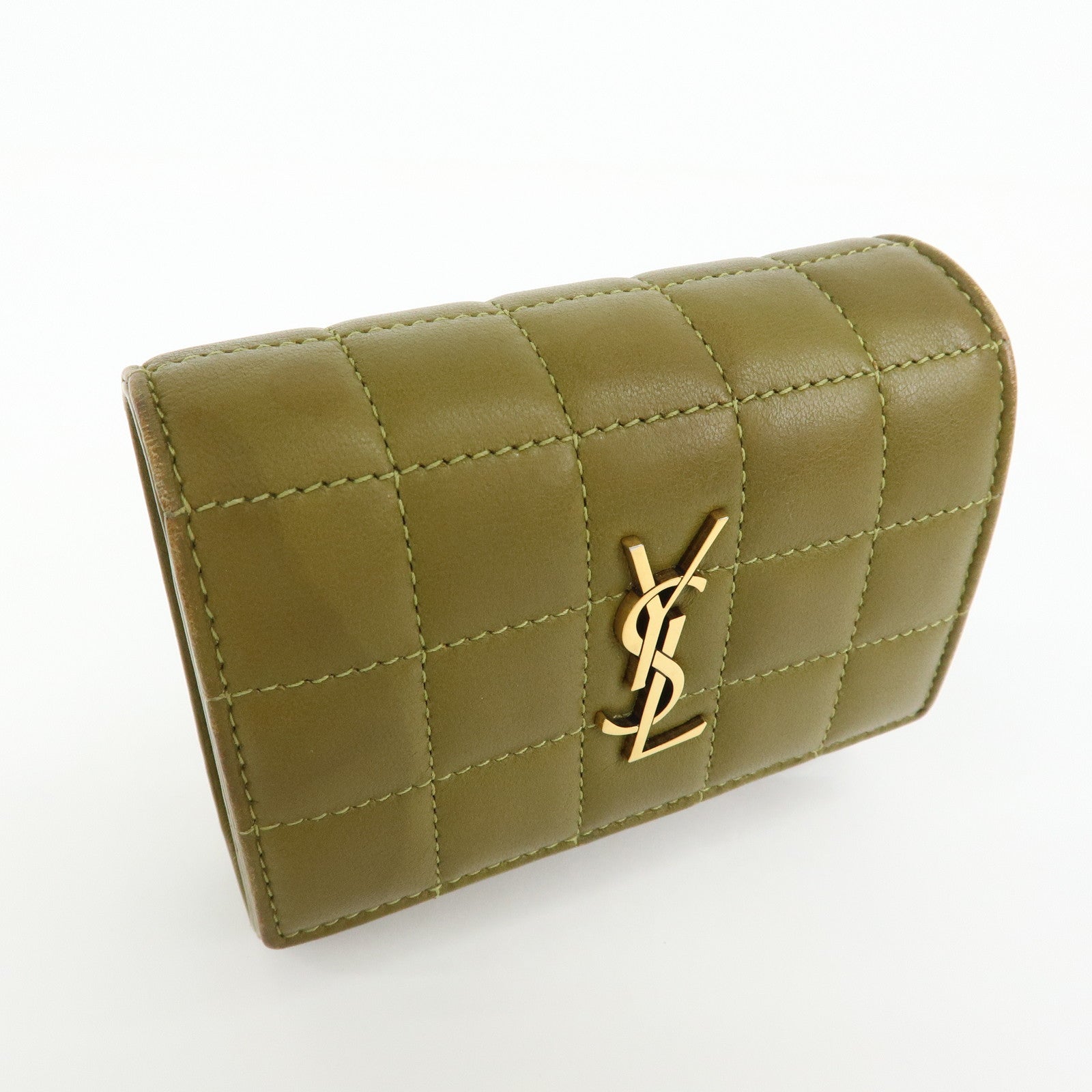 SAINT LAURENT PARIS Cassandra Leather Tri-Fold Wallet Khaki