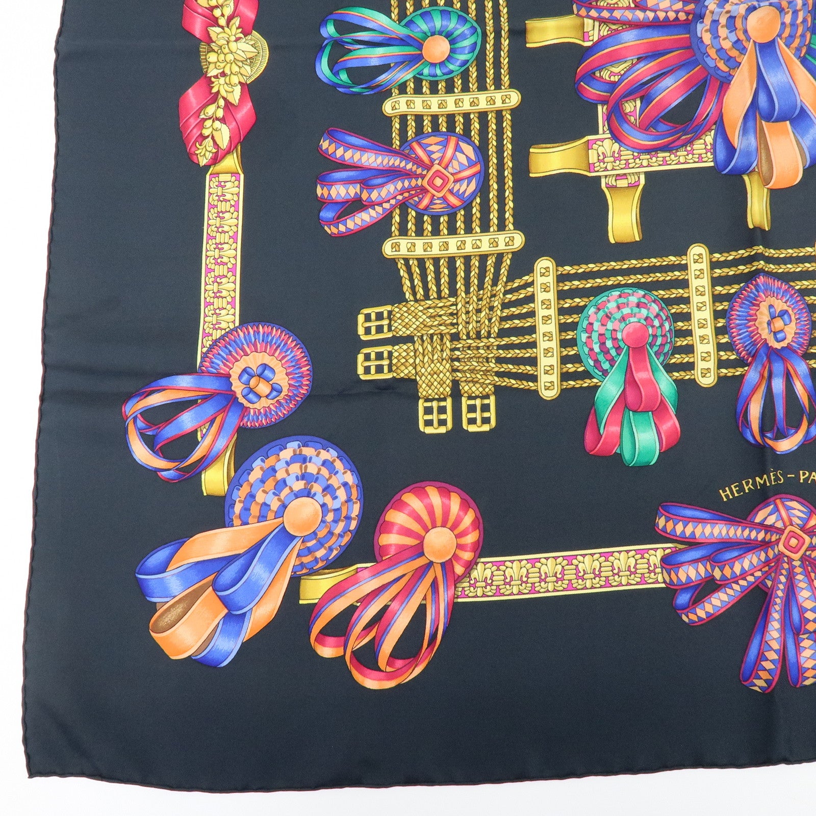 HERMES Carre 90 Silk 100% Scarf LES RUBANS DU CHEVAL Black Gold