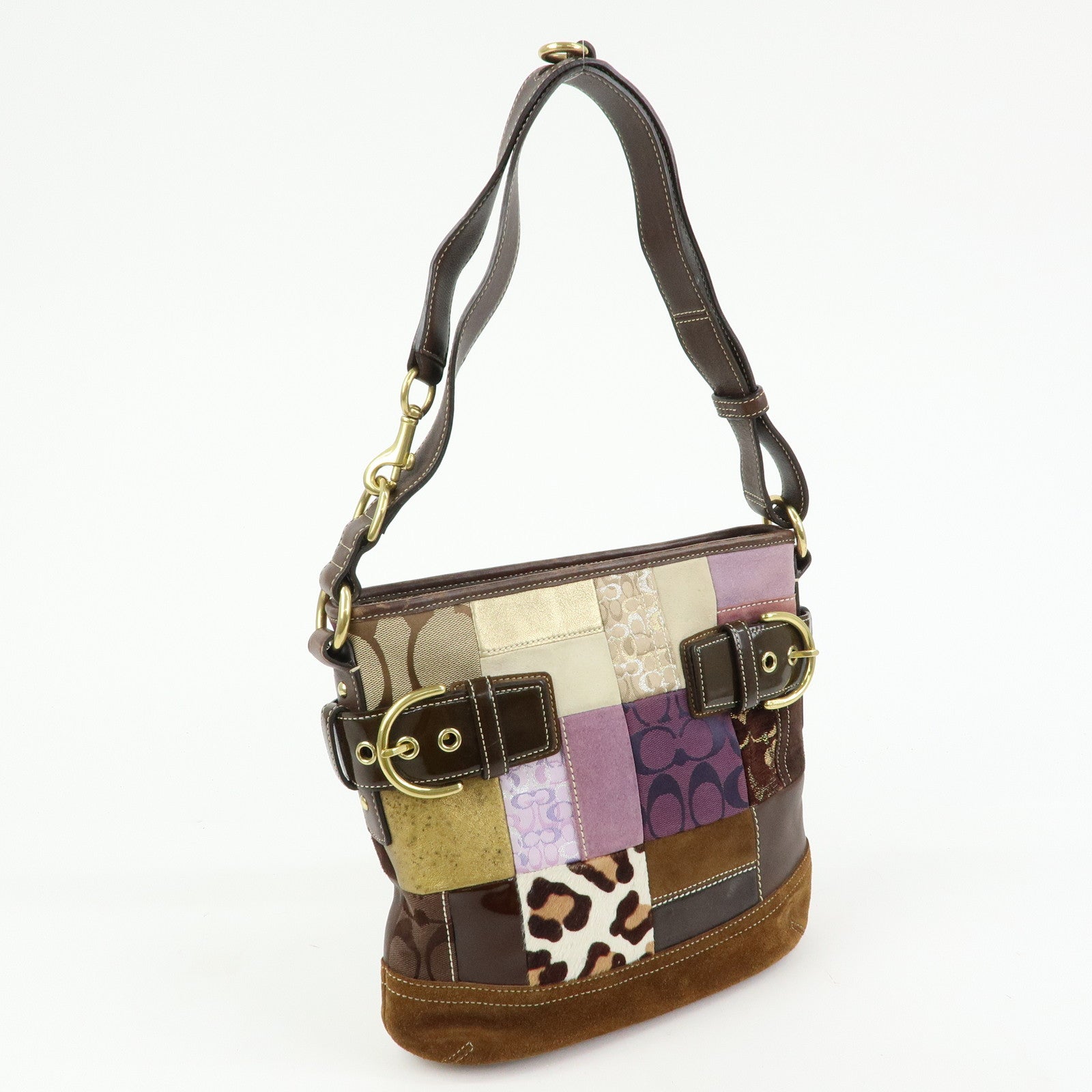 COACH Signature Suede Patent Leather Shoulder Bag Brown Patchwork