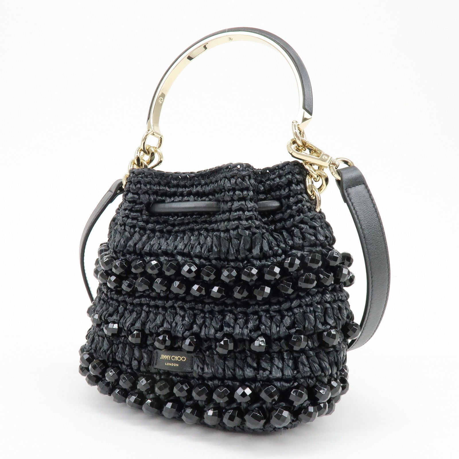 JIMMY CHOO BON BON Raffia Beads Leather 2Way Mini Bag Black