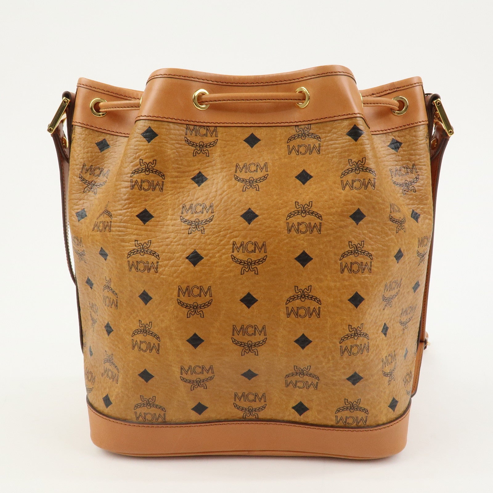MCM Visetos Leather Bucket Bag Shoulder Bag Drawstring Brown