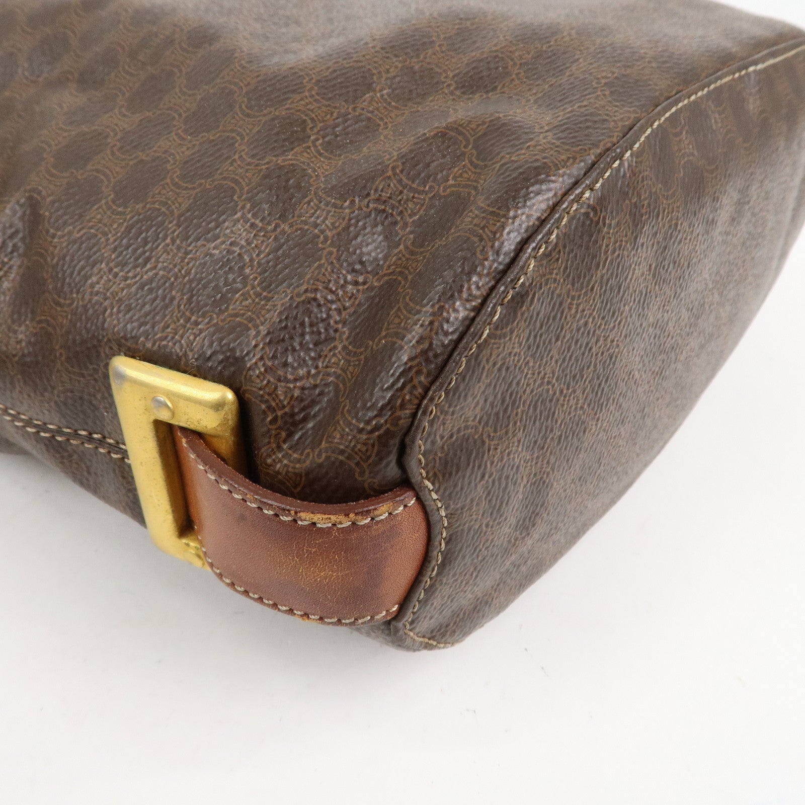 CELINE Macadam PVC Canvas Leather Shoulder Bag Brown Gold Hardware