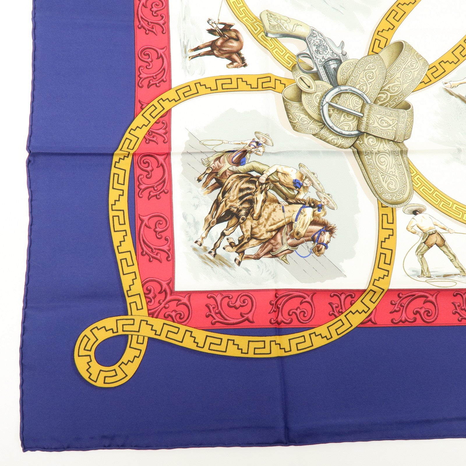 HERMES Carre 90 Silk 100% Scarf CHARREADA Navy White