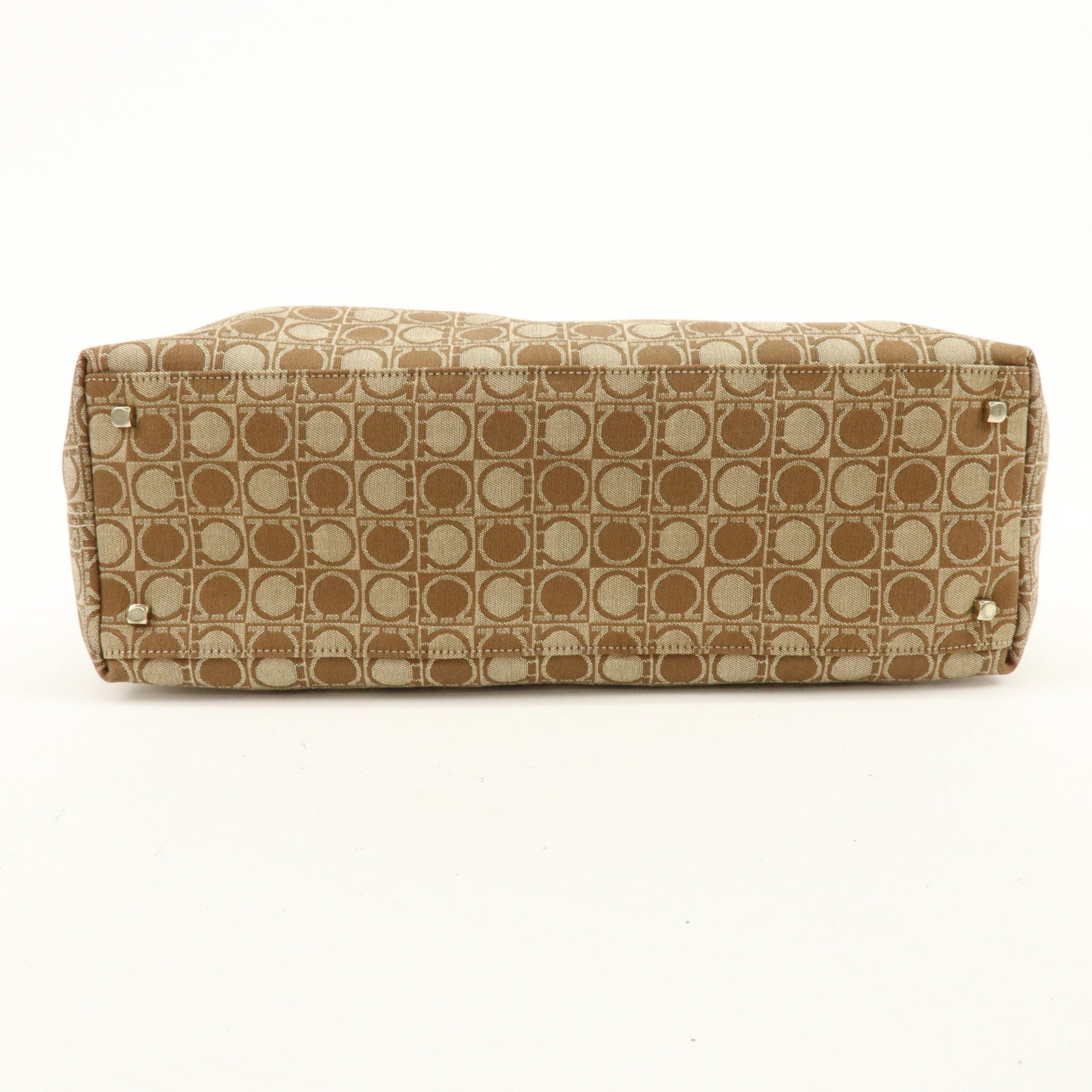 Ferragamo Gancini Canvas Leather Tote Bag Hand Bag Brown Beige