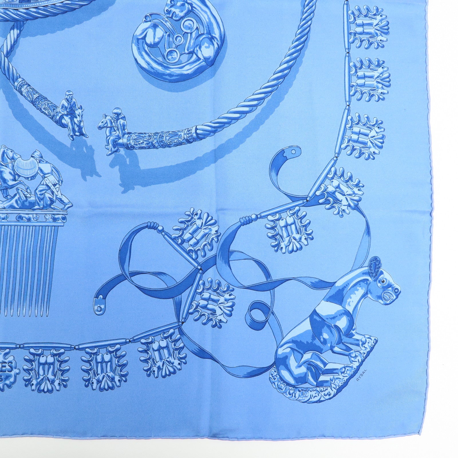 HERMES Carre 90 Silk 100% LES CAVALIERS D'OR Scarf Light Blue