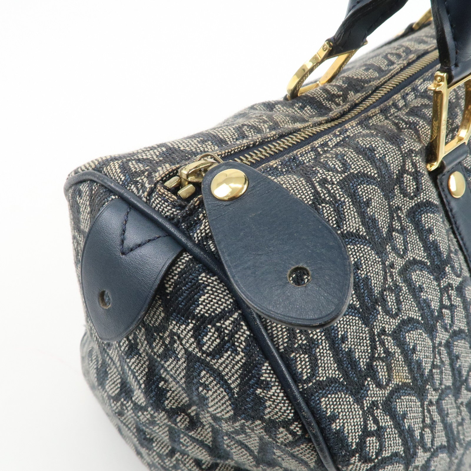 Christian Dior Trotter Jacquard Canvas Leather Boston Bag Navy