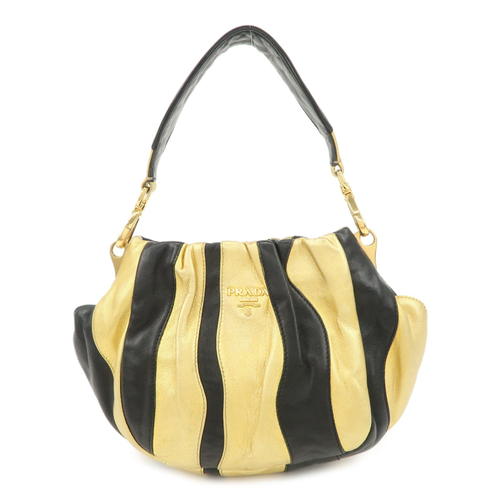 PRADA Leather Hand Bag Black Gold Hardware