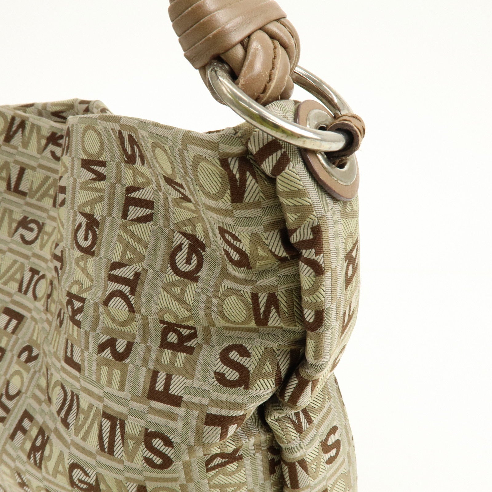 Ferragamo Logo Canvas Leather Shoulder Bag Beige Brown Khaki