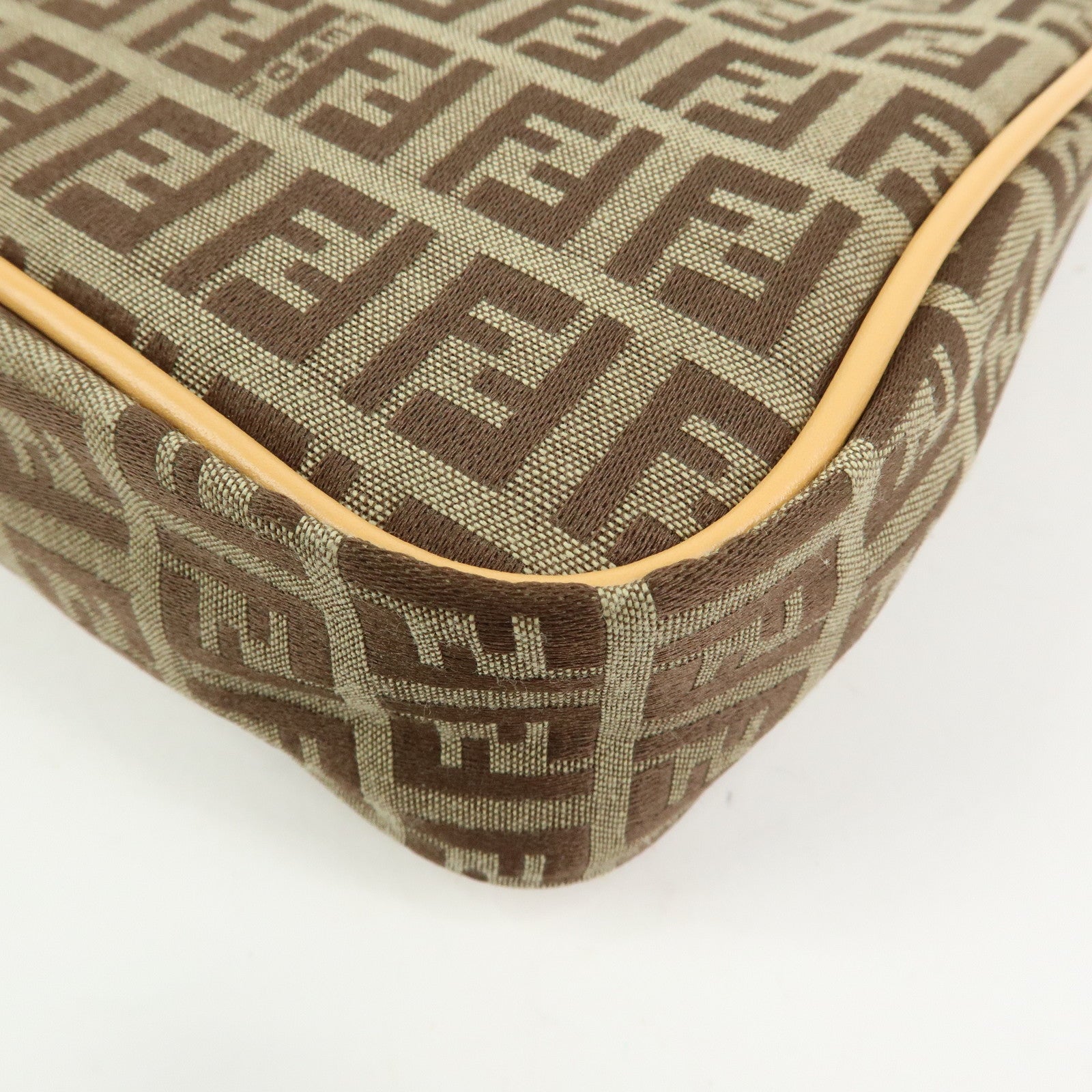 FENDI Zucchino Canvas Leather Hand Bag Khaki Beige 8BR157