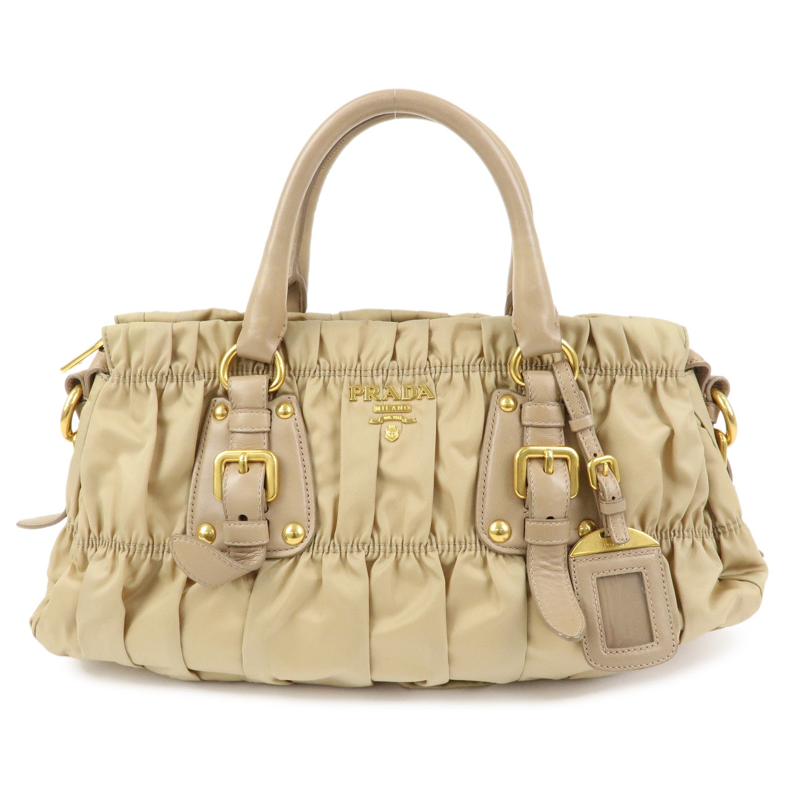 PRADA Gathered Nylon Leather 2Way Hand Shoulder Bag Beige BN1407