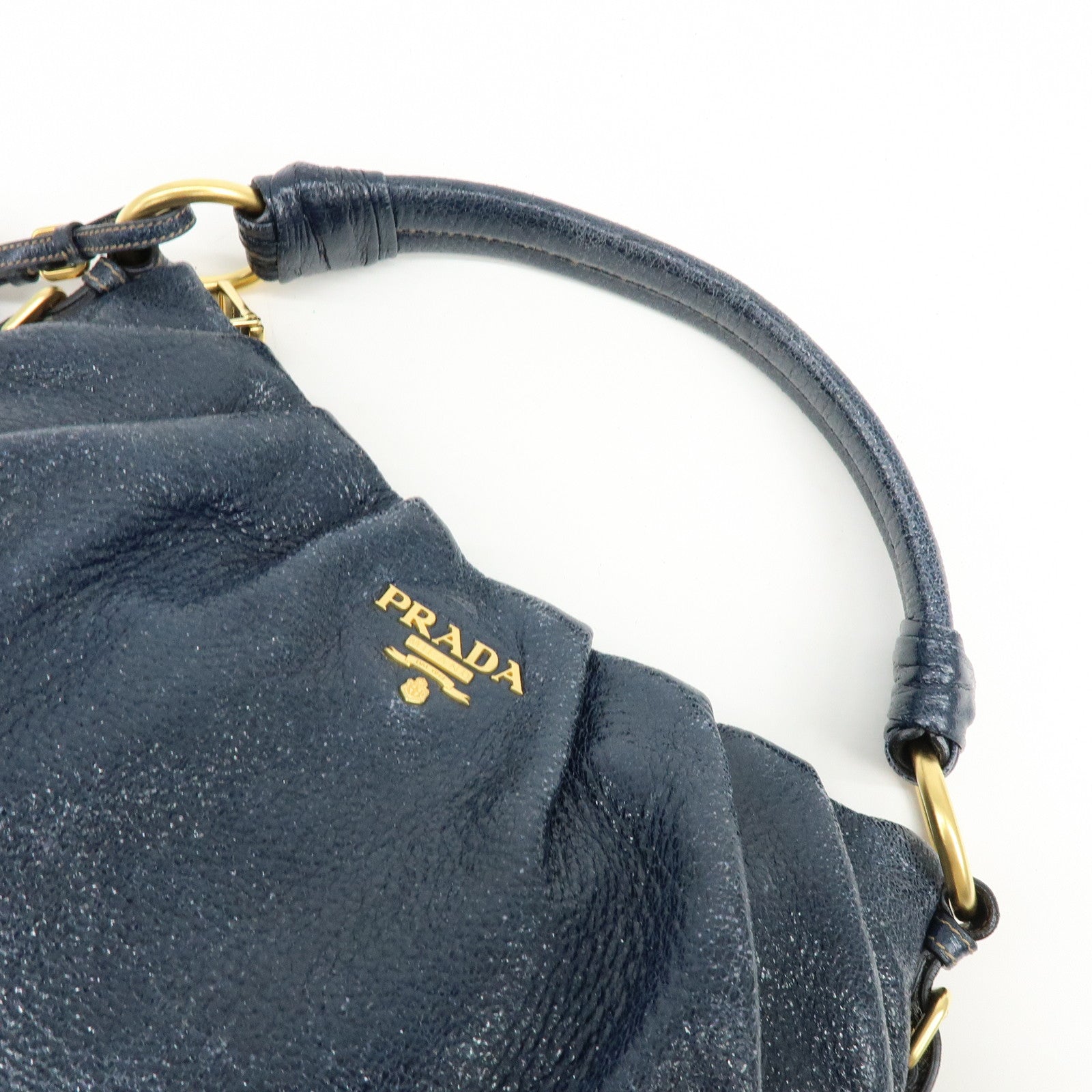 PRADA Logo Shiny Coated Leather Shoulder Bag Hand Bag Navy BR4070