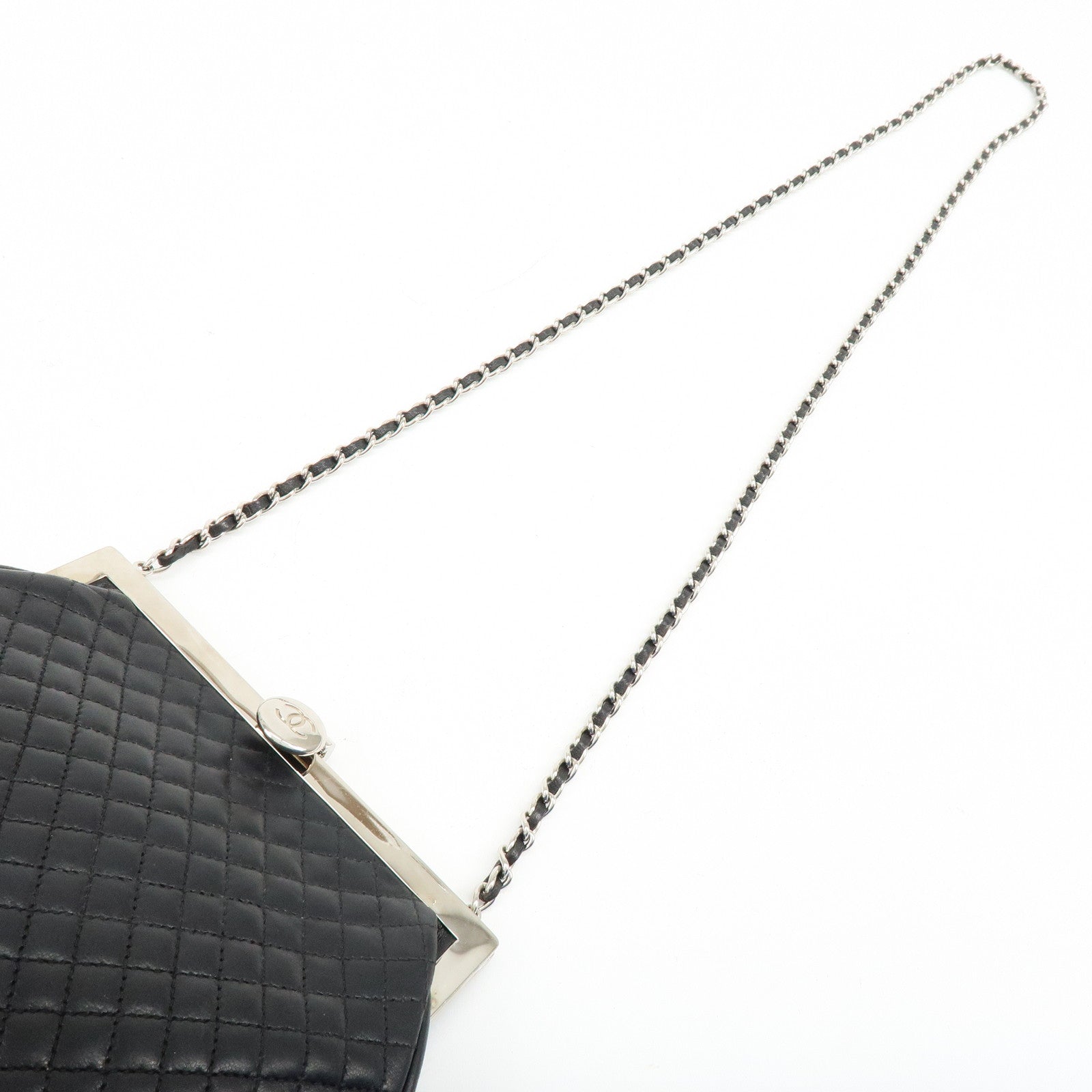 CHANEL Matelasse Lamb Skin Chain Kiss Lock Shoulder Bag Black