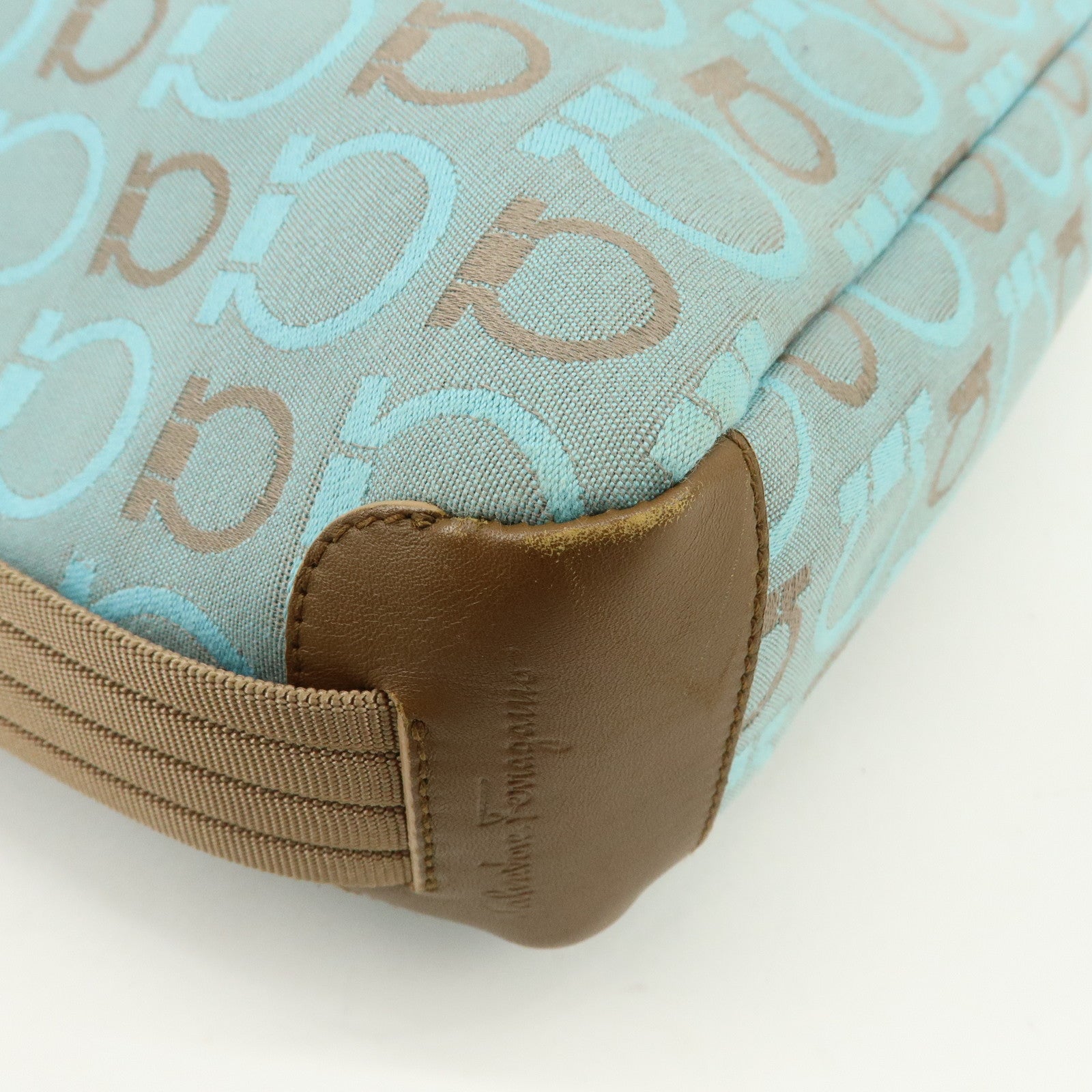 Ferragamo Gancini Canvas Leather Shoulder Bag Light Blue Brown
