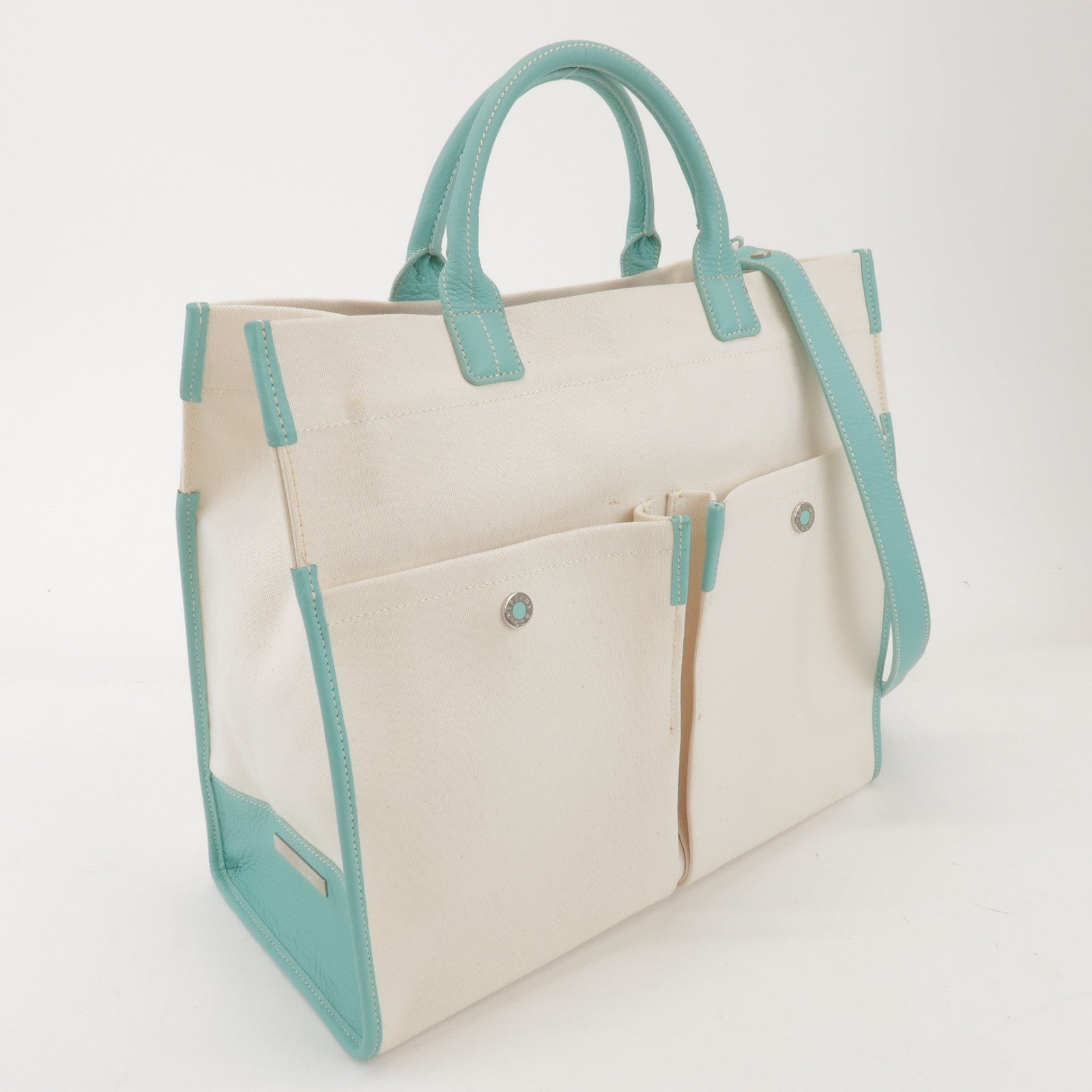 Tiffany & Co Jitney Canvas Leather 2Way Bag Tote Bag Natural Blue