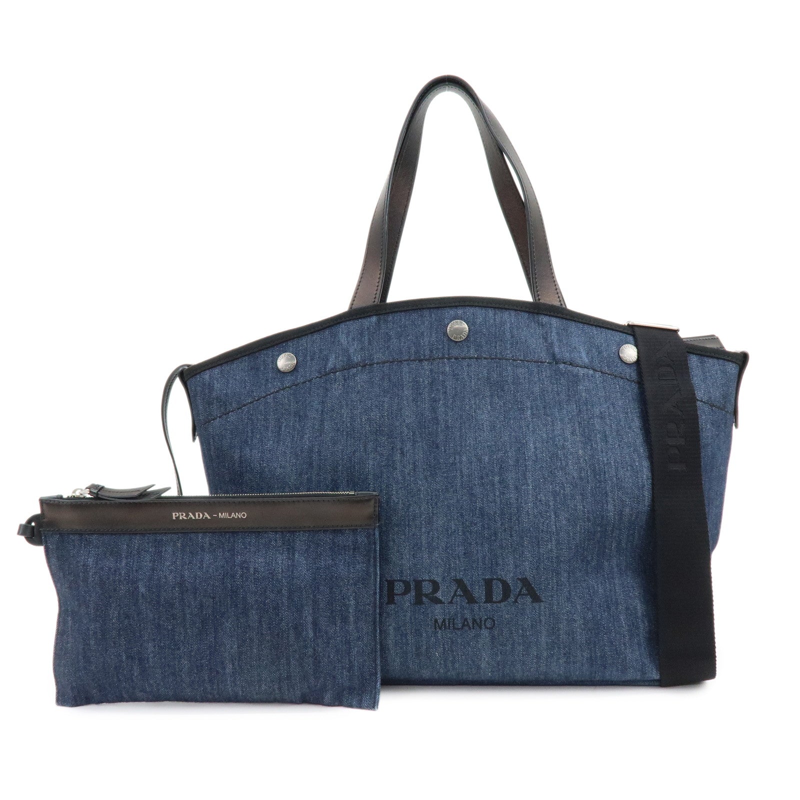 PRADA Logo Denim 2Way Bag Hand Bag Shoulder Bag Navy 1BG244