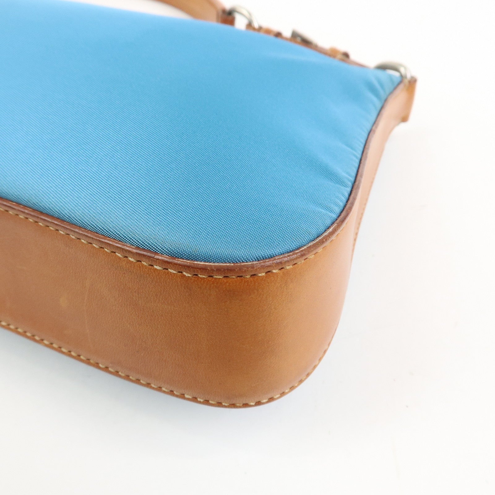 PRADA Triangle Logo Nylon Leather Shoulder Bag Blue Brown BR2205