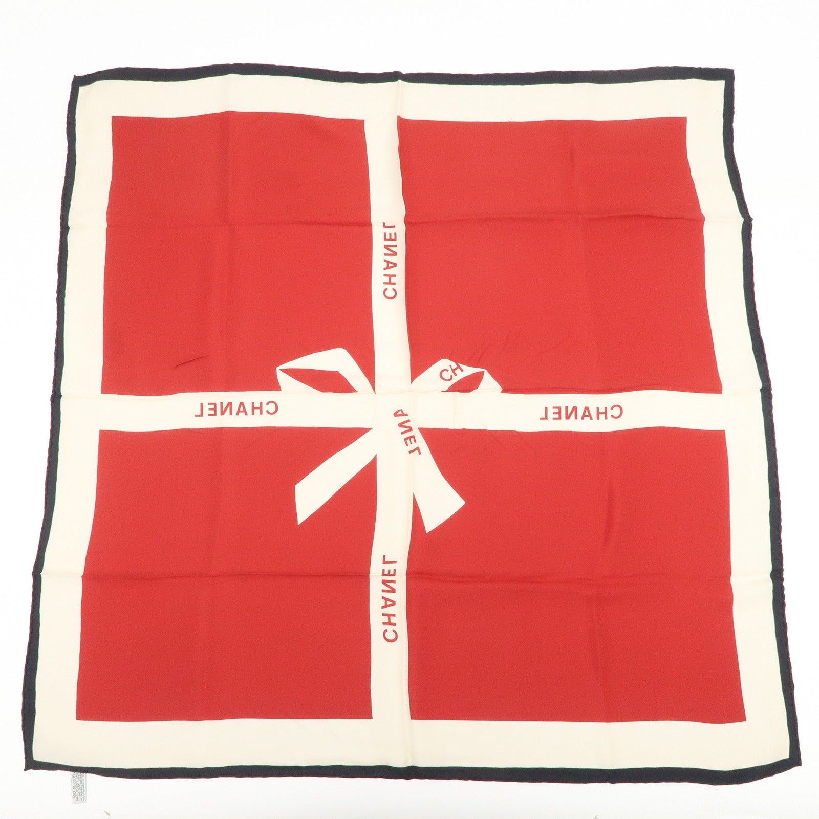 CHANEL Silk 100% 86×86 Scarf Shawl Ivory Red Black