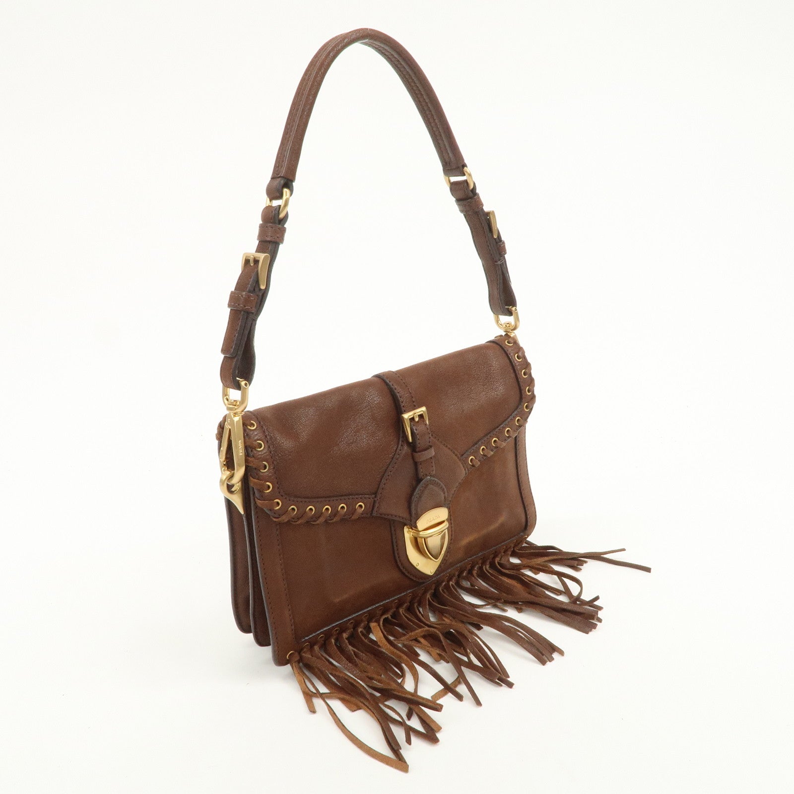 PRADA Fringe Leather 2Way Bag Shoulder Bag Clutch Bag Brown BR3165