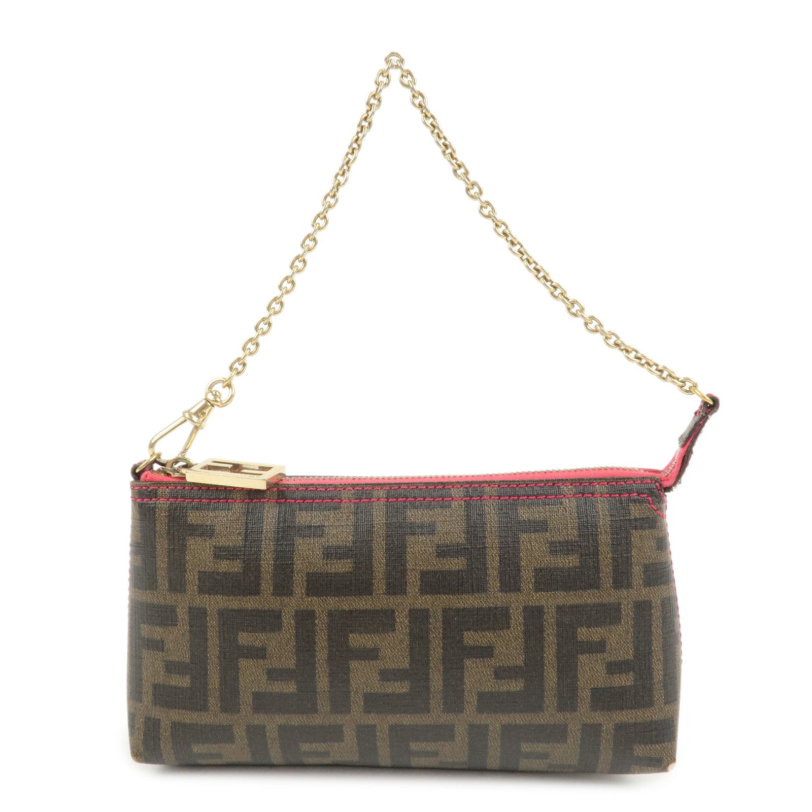 FENDI Zucca PVC Chain Accessory Pouch Hand Bag Brown 8BR592